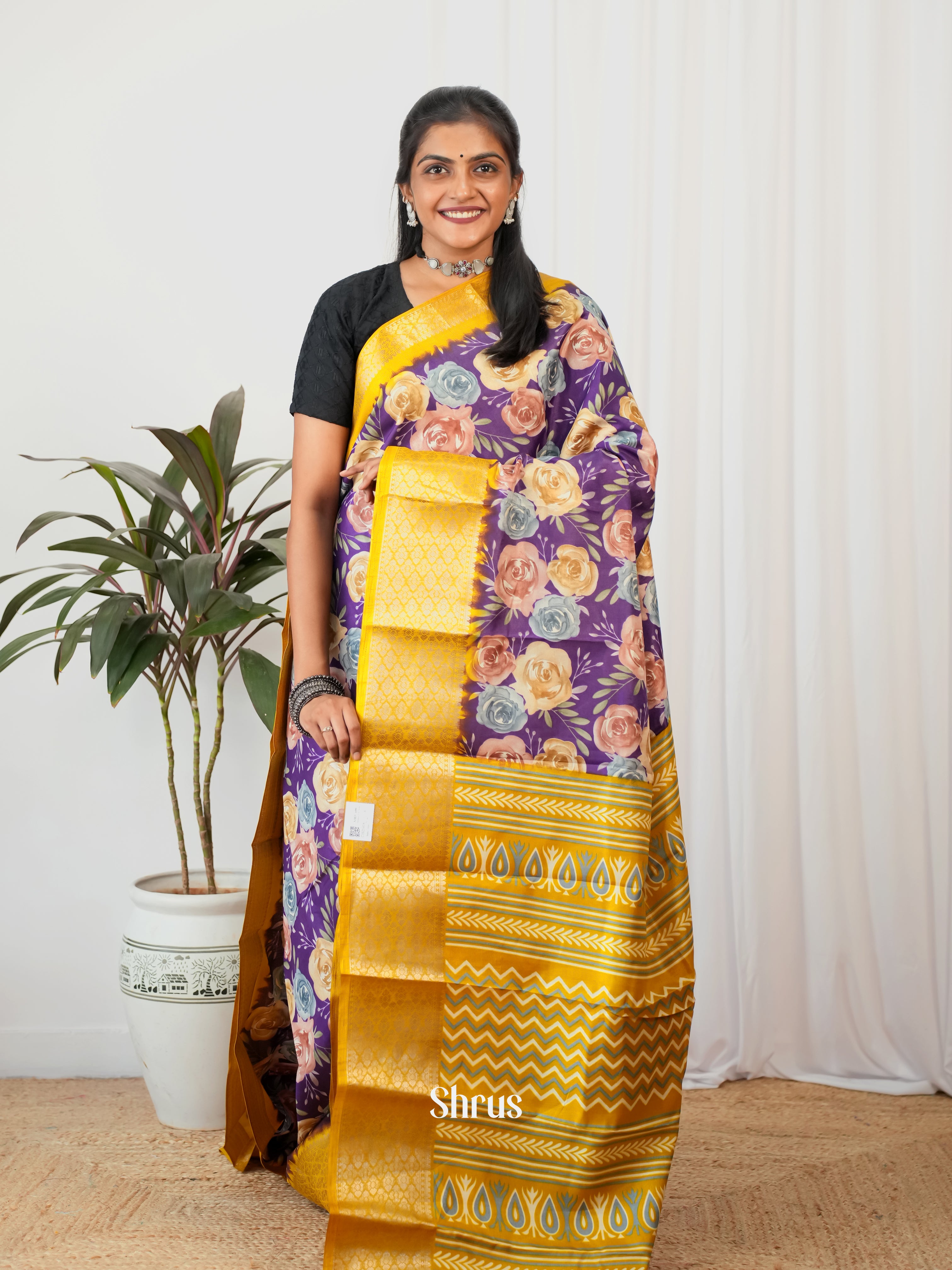 Purple & Yellow - Semi Crepe Saree - Shop on Shrus.com