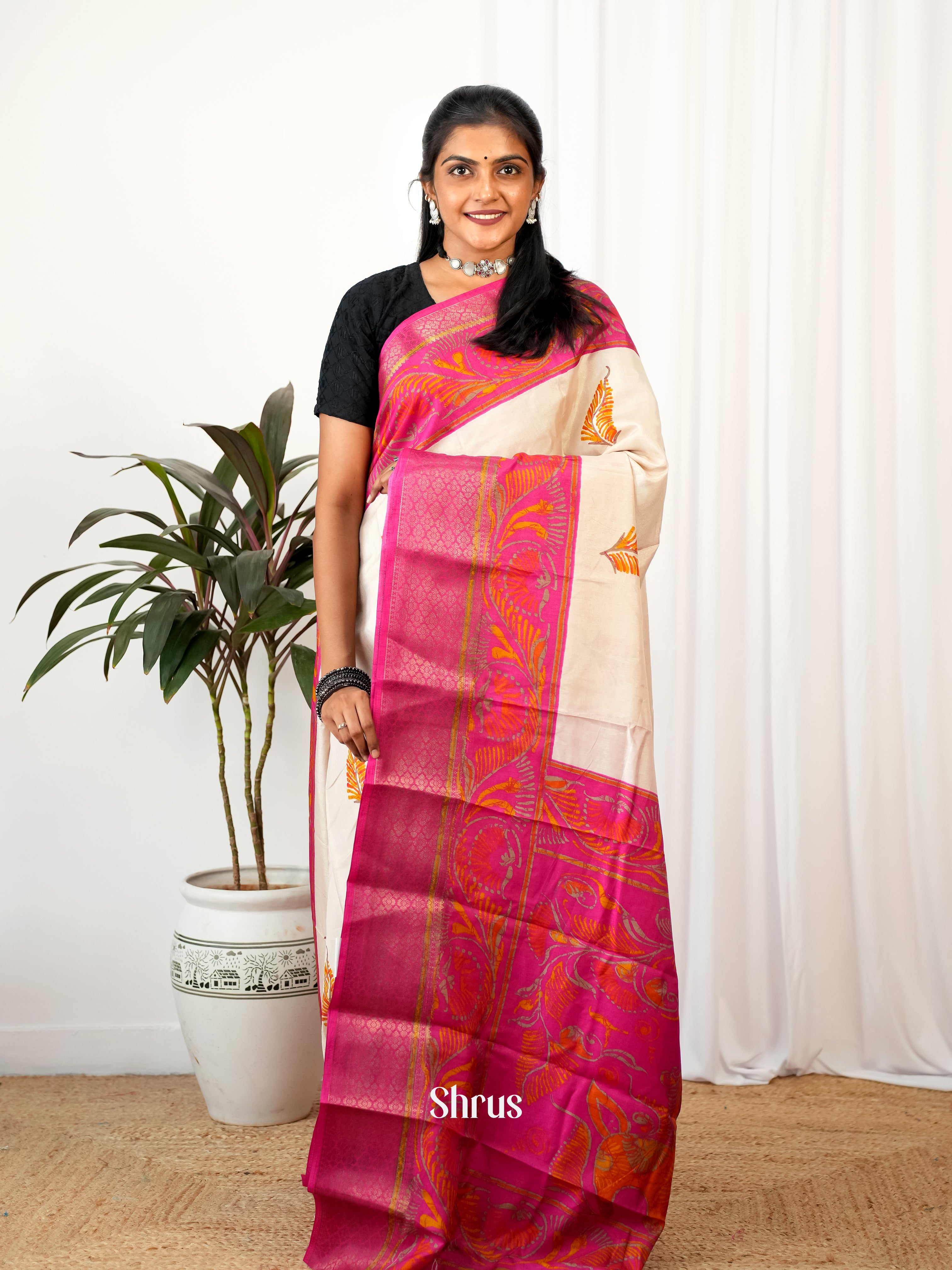 Cream & Pink - Semi Crepe Saree - Shop on Shrus.com