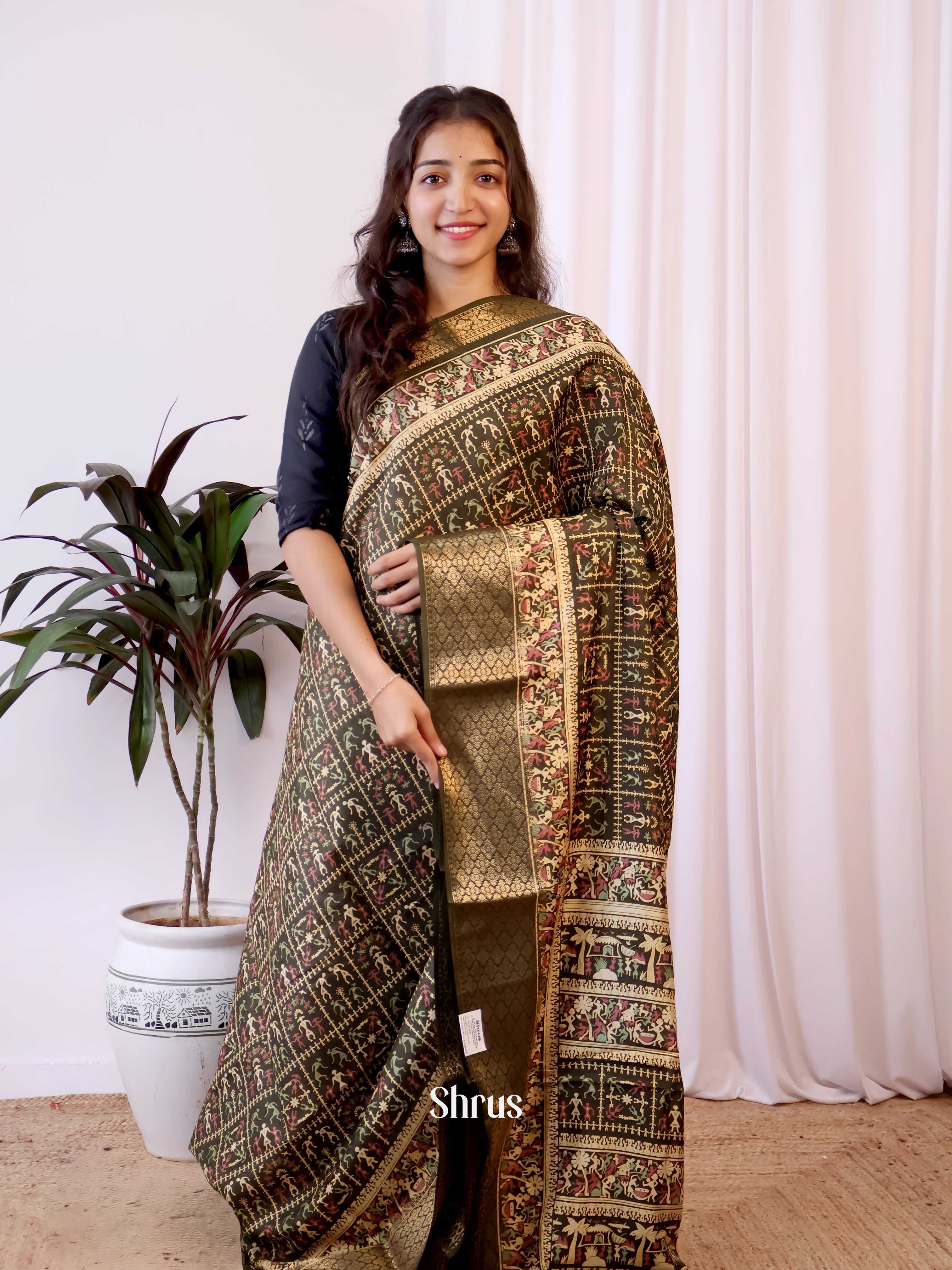 Green - Semi Crepe Saree - Shop on Shrus.com
