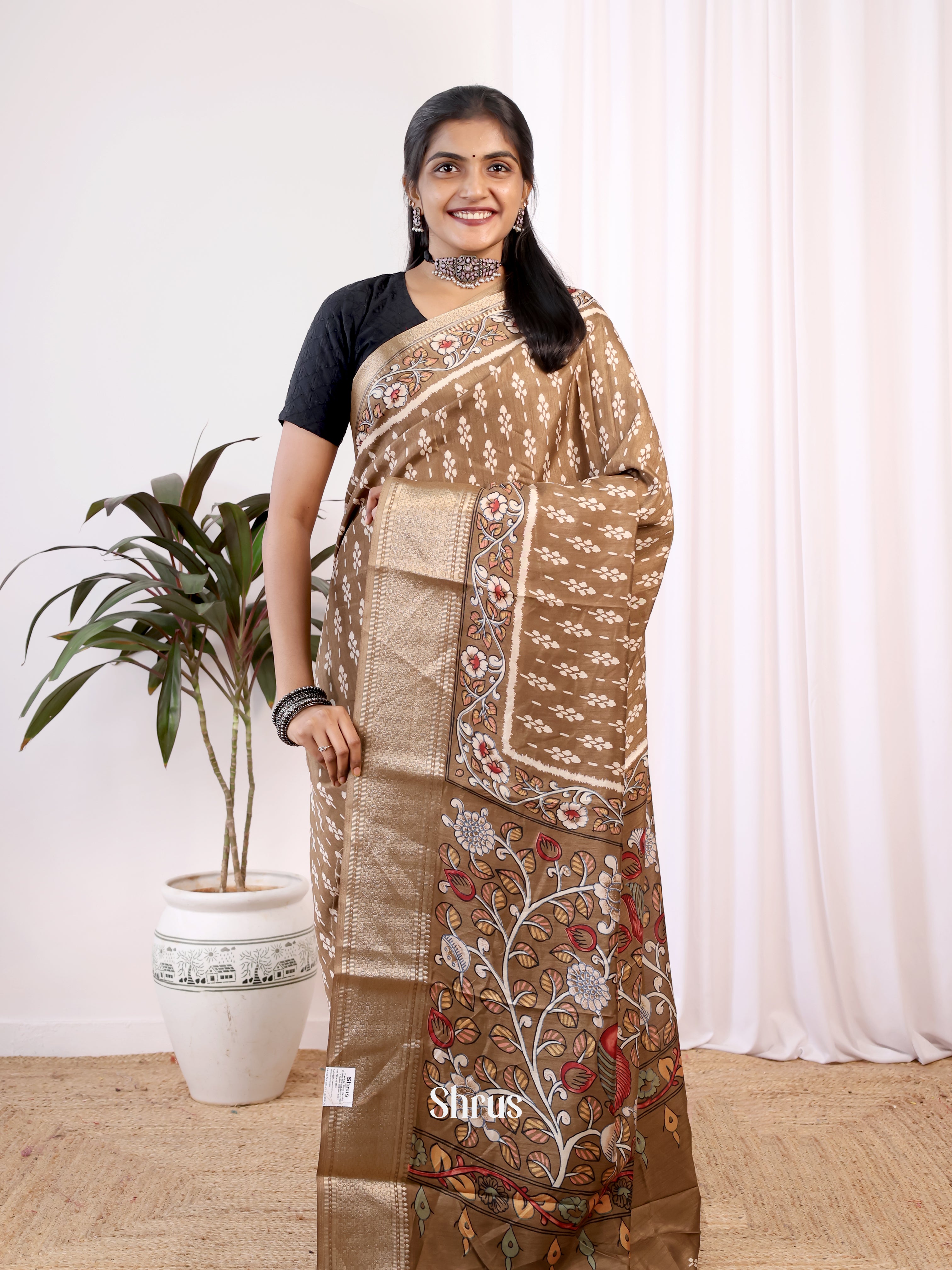 Brown - Semi Crepe Saree - Shop on Shrus.com