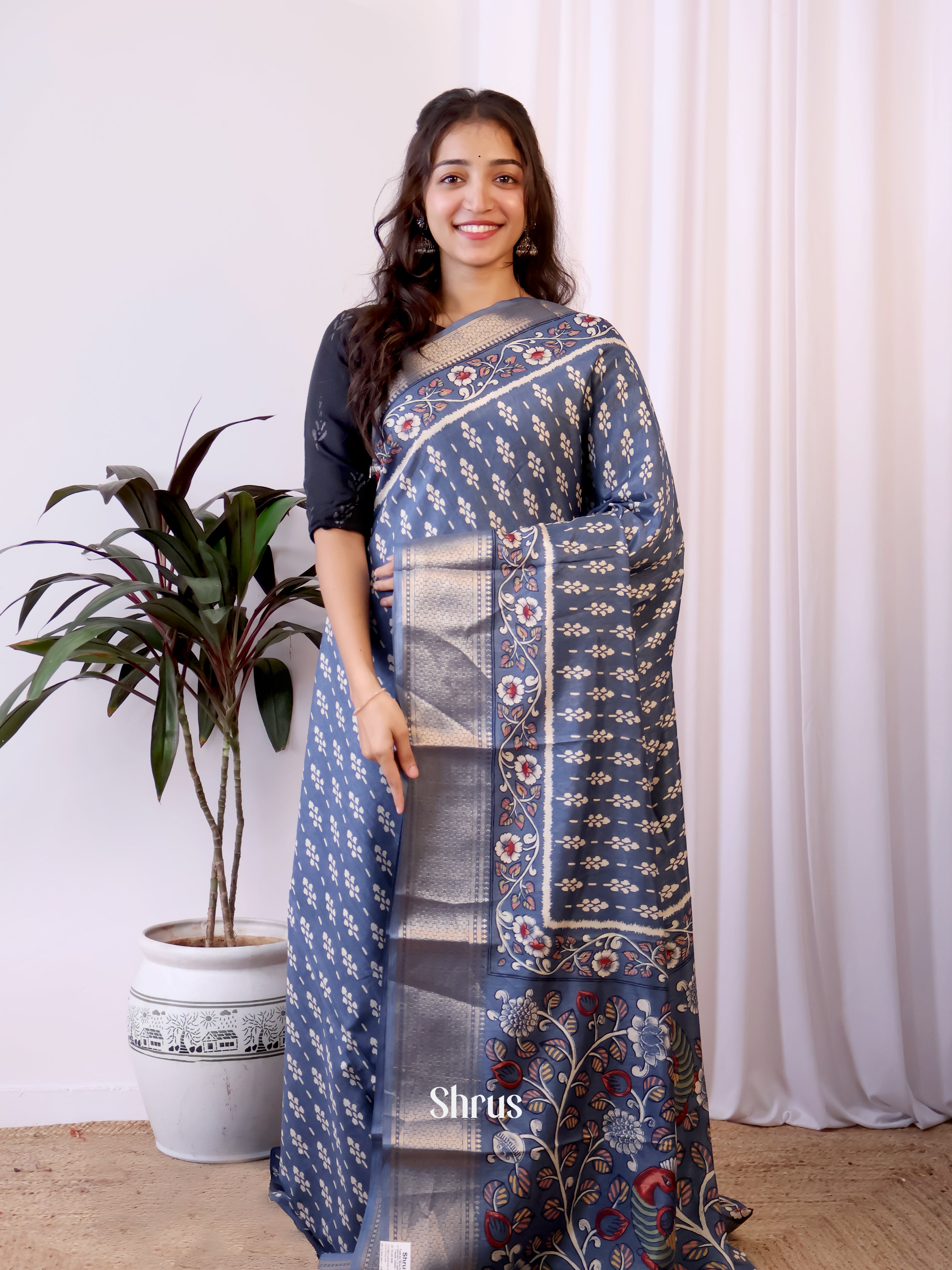 Bluish Grey - Semi Crepe Saree - Shop on Shrus.com