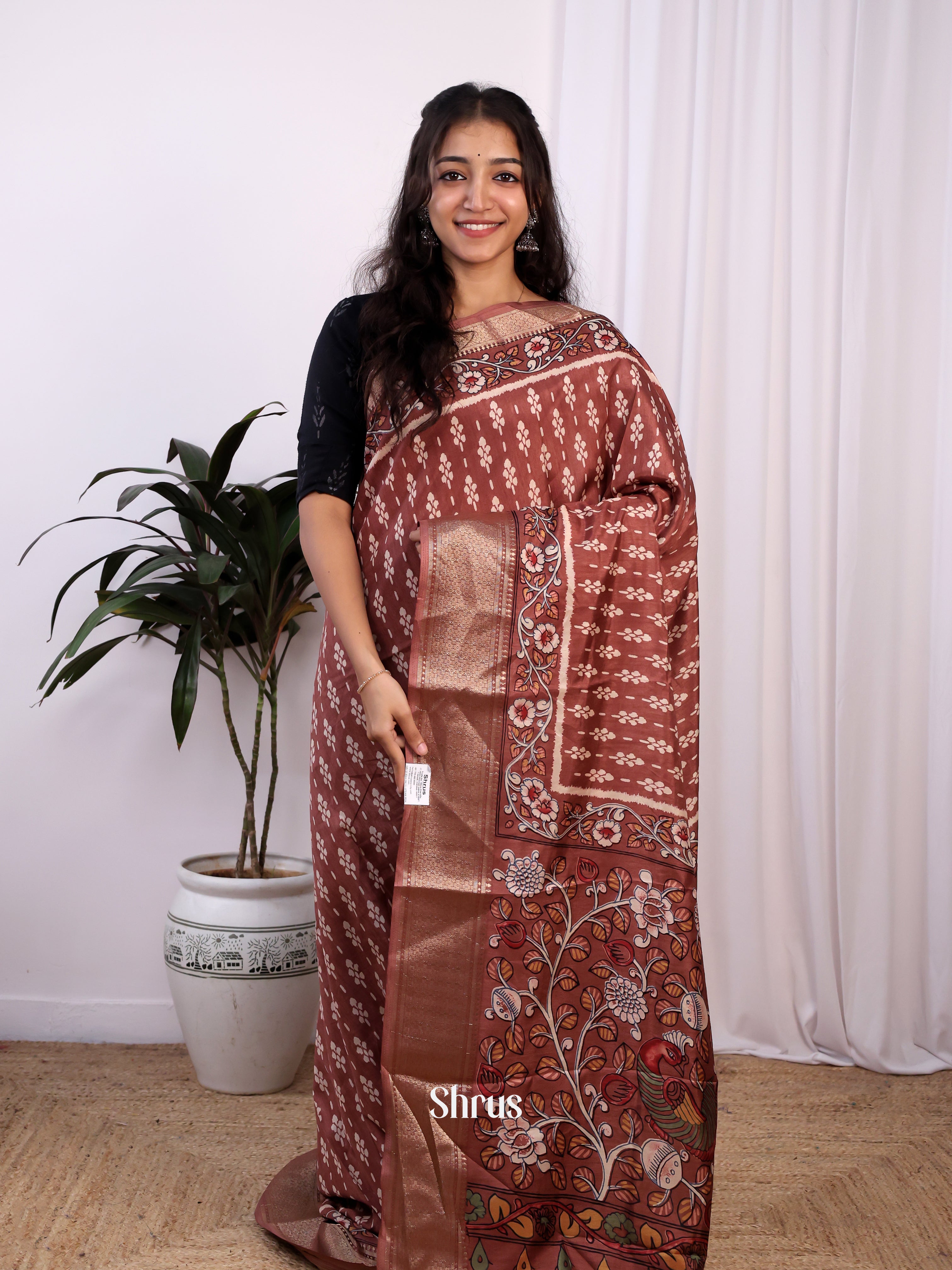 Brown - Semi Crepe Saree - Shop on Shrus.com