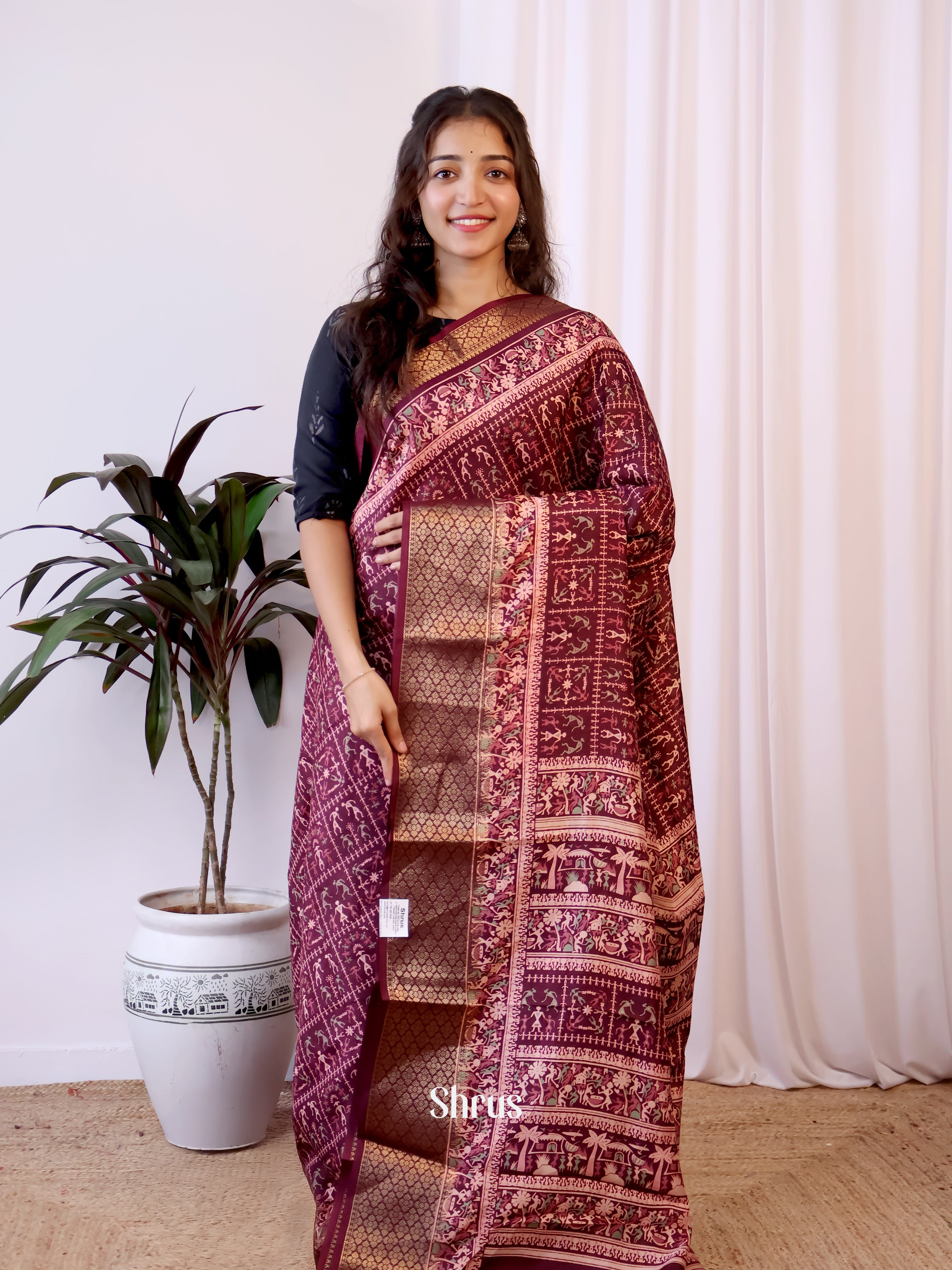 Maroon- Semi Crepe Saree - Shop on Shrus.com