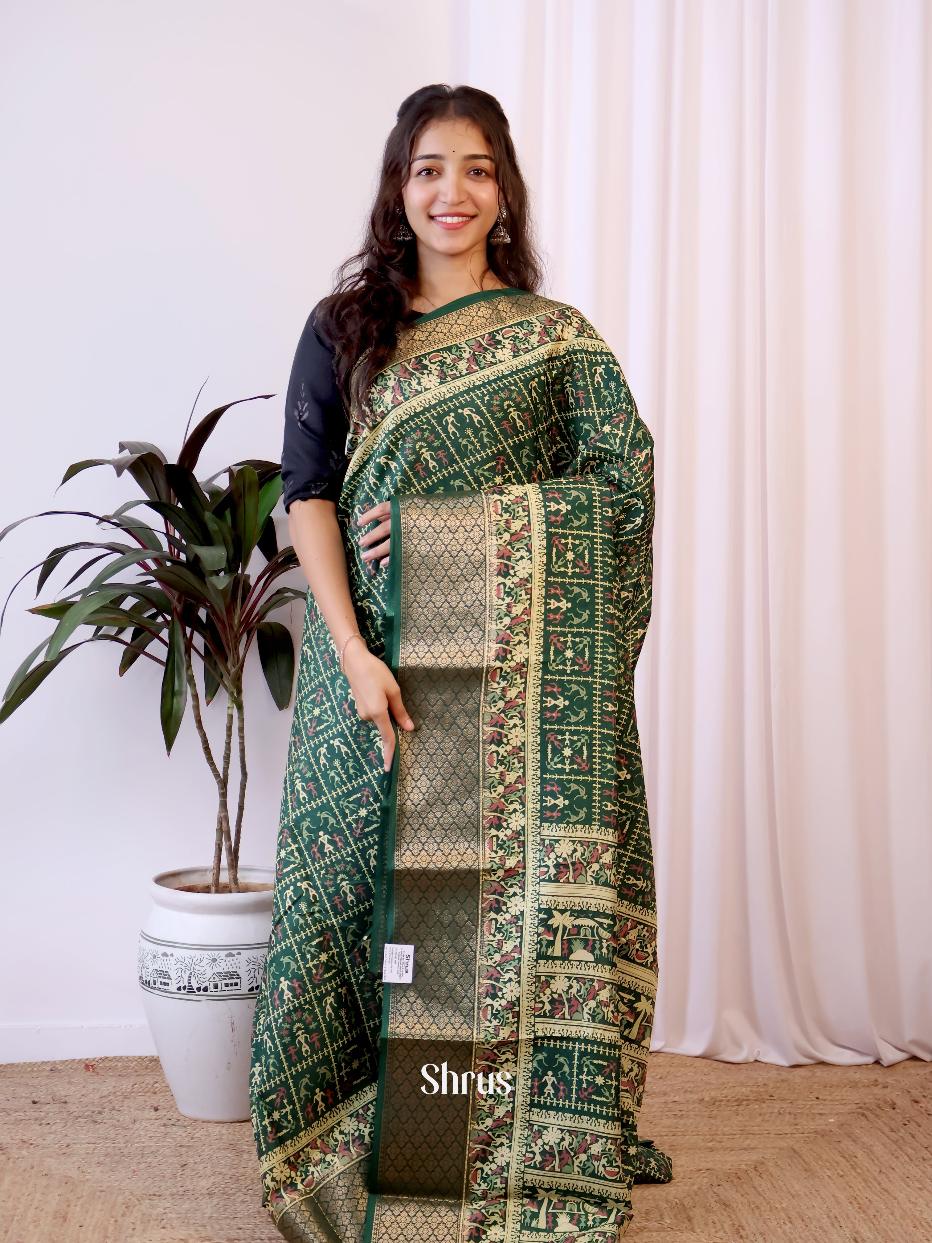 Green - Semi Crepe Saree - Shop on Shrus.com