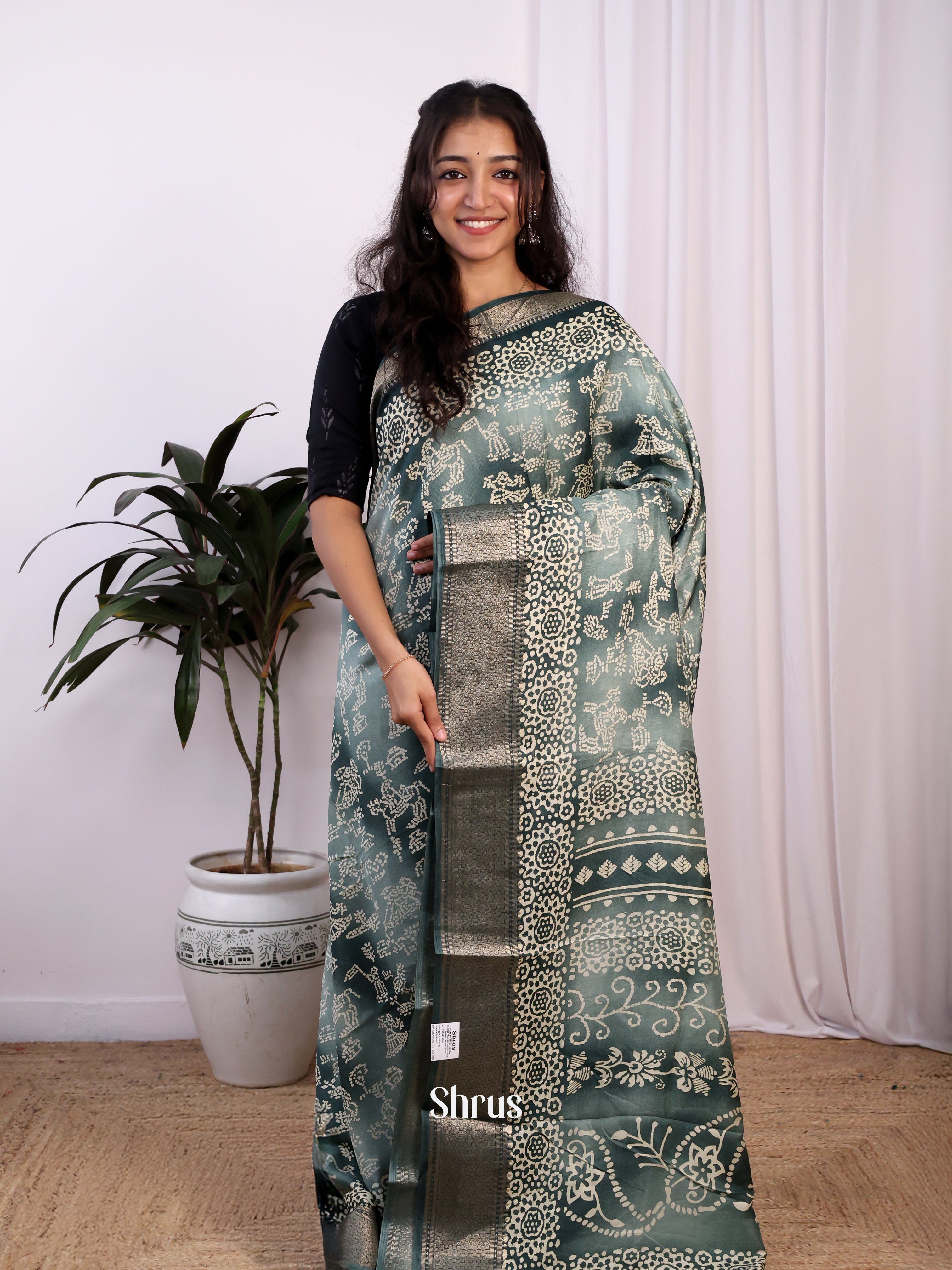 Grey Green- Semi Crepe Saree - Shop on Shrus.com