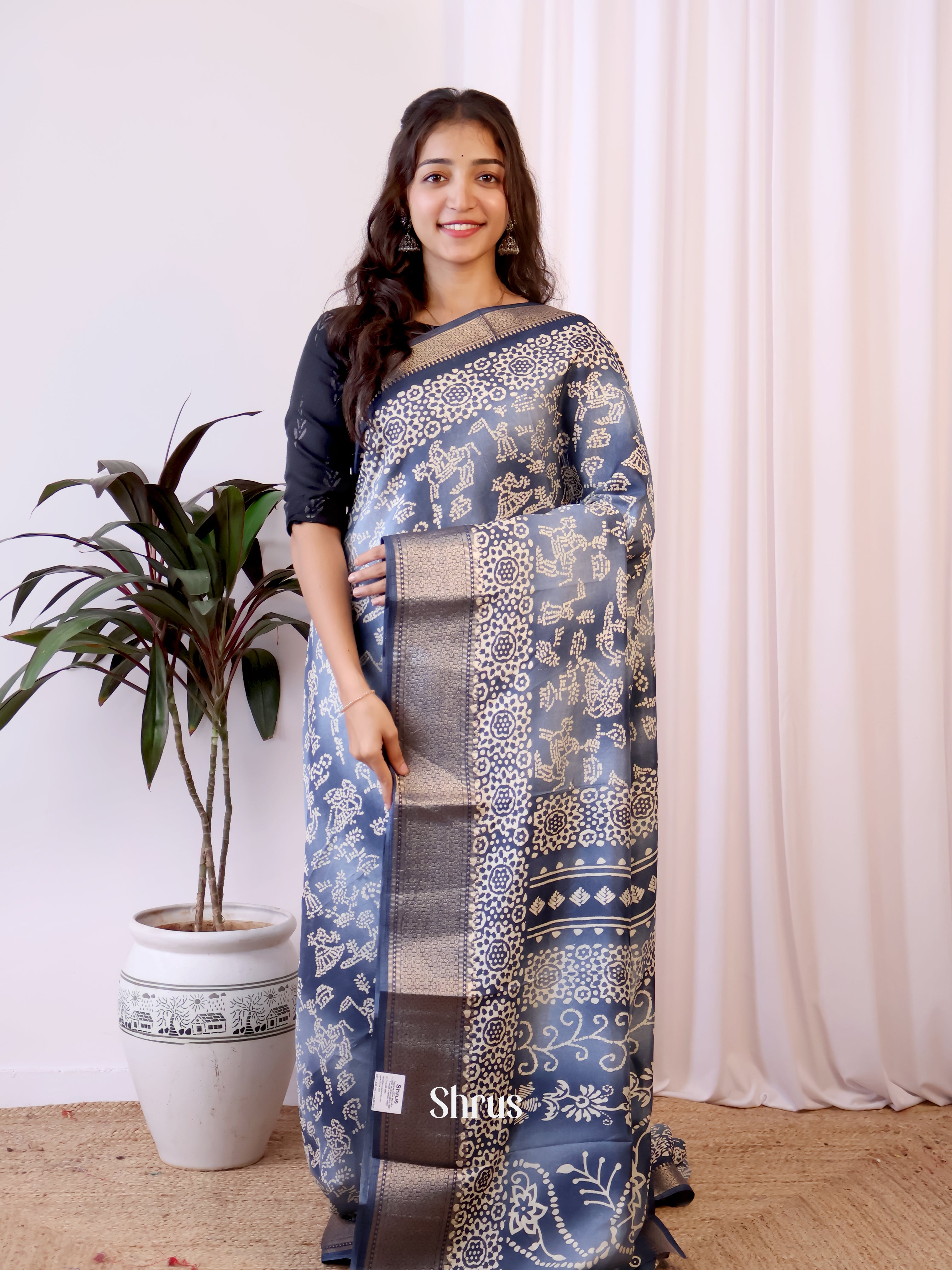 Greyish Blue - Semi Crepe Saree - Shop on Shrus.com