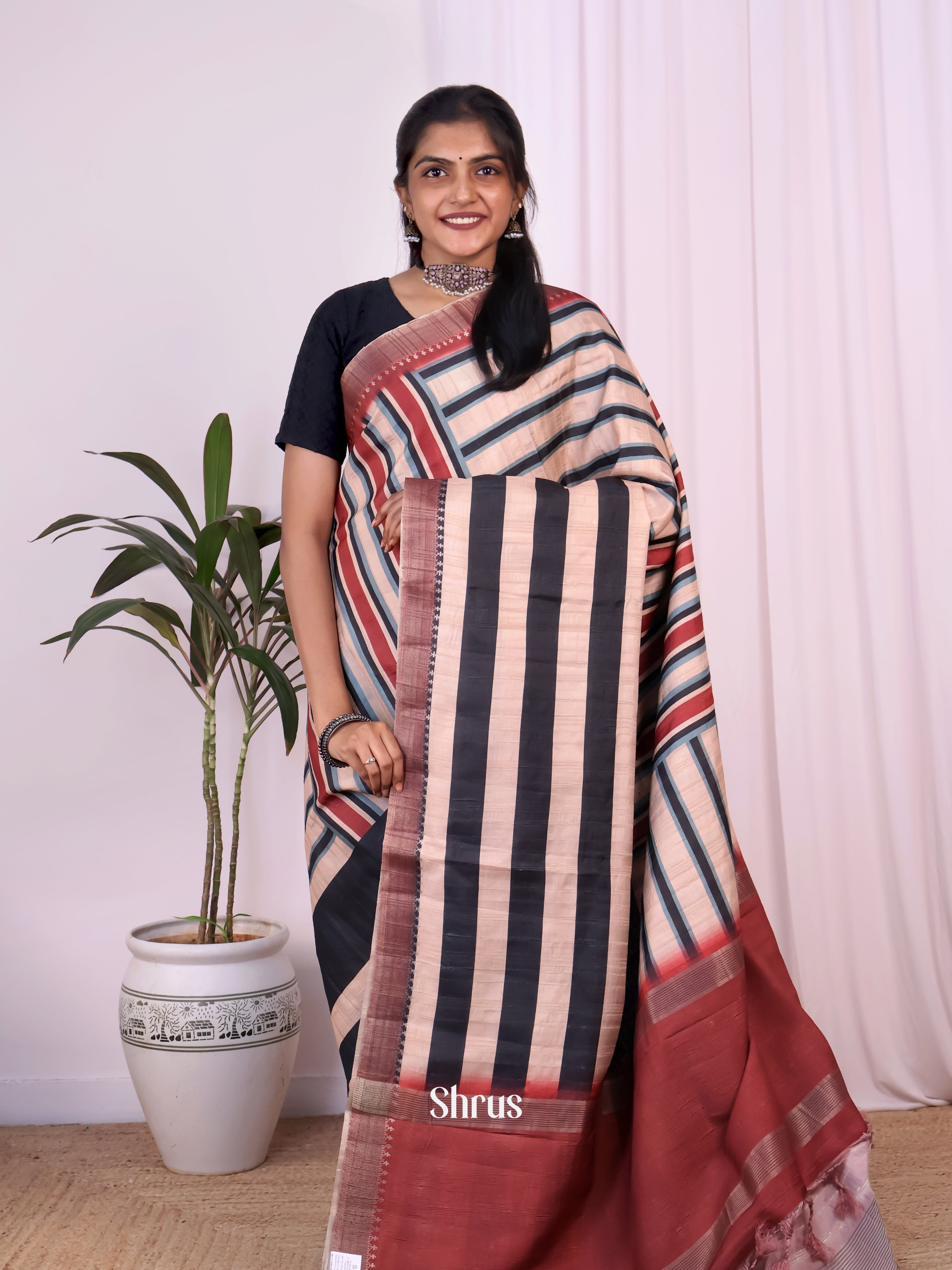 Cream & Black - Semi Tussar Saree - Shop on Shrus.com