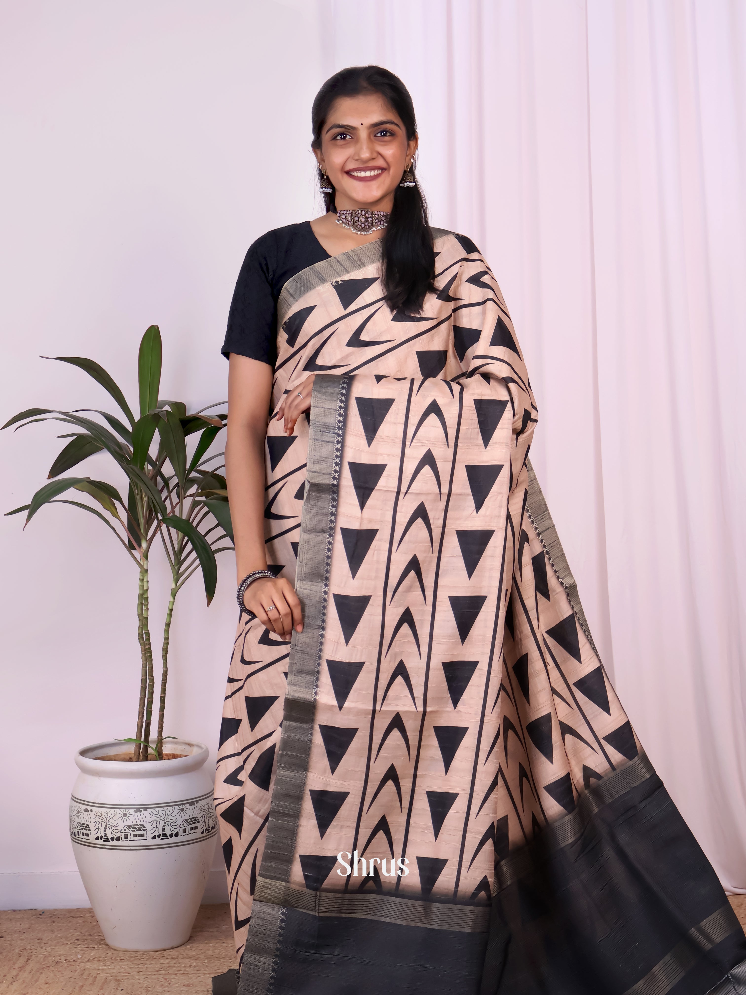 Cream & Black- Semi Tussar Saree - Shop on Shrus.com
