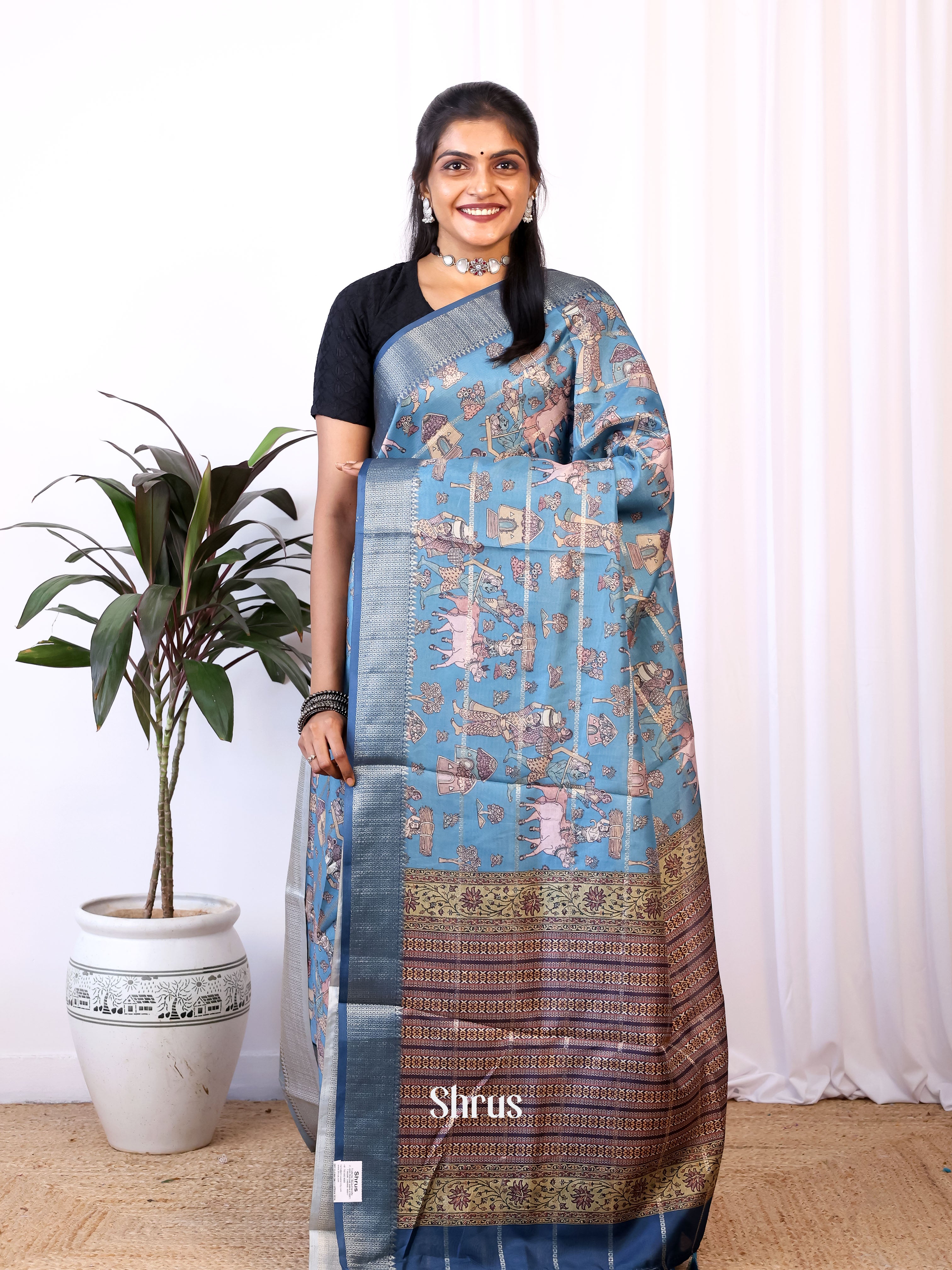 Blue - Semi Dola silk Saree - Shop on Shrus.com