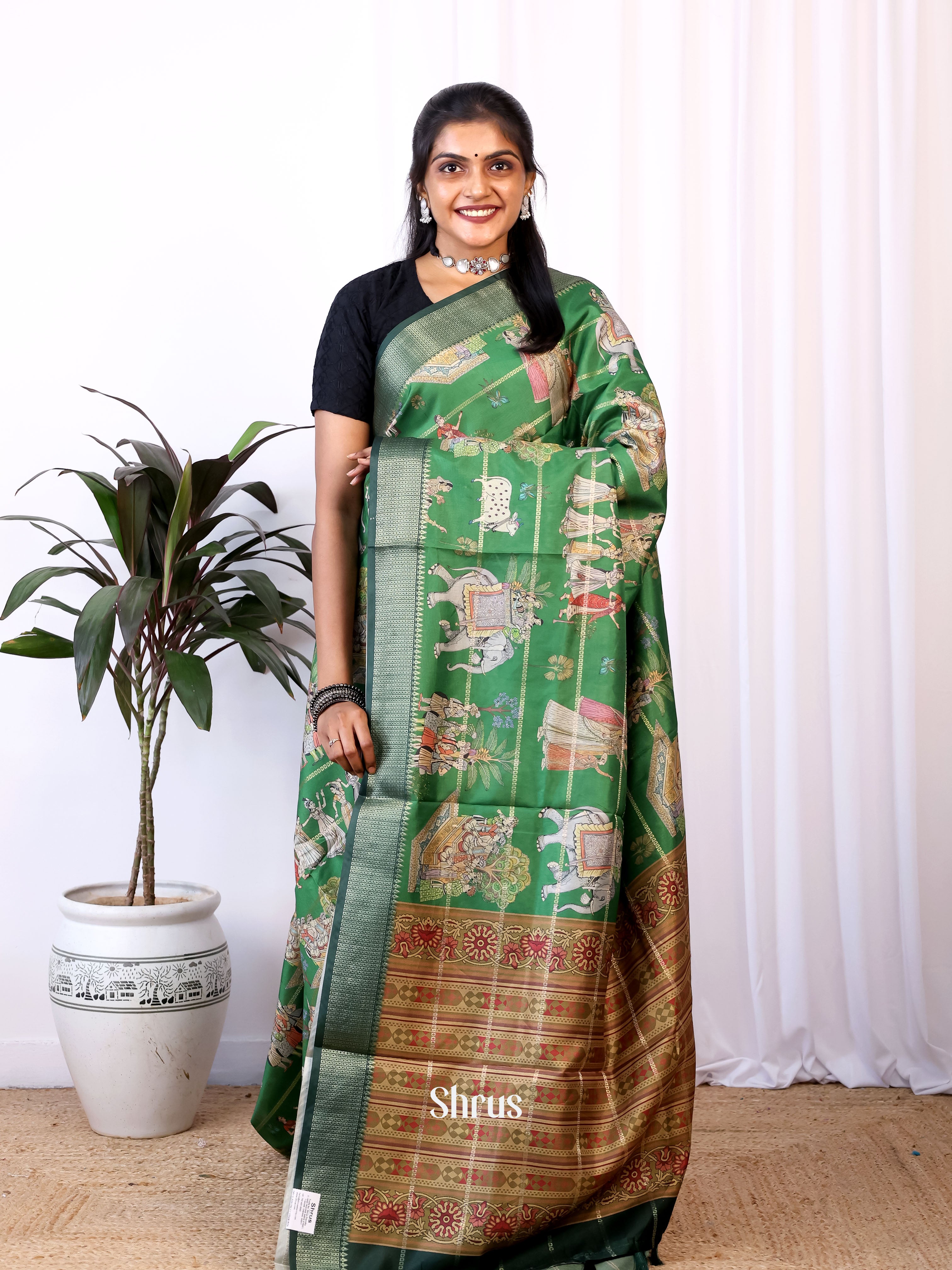 Green & Brown - Semi Dola silk Saree - Shop on Shrus.com