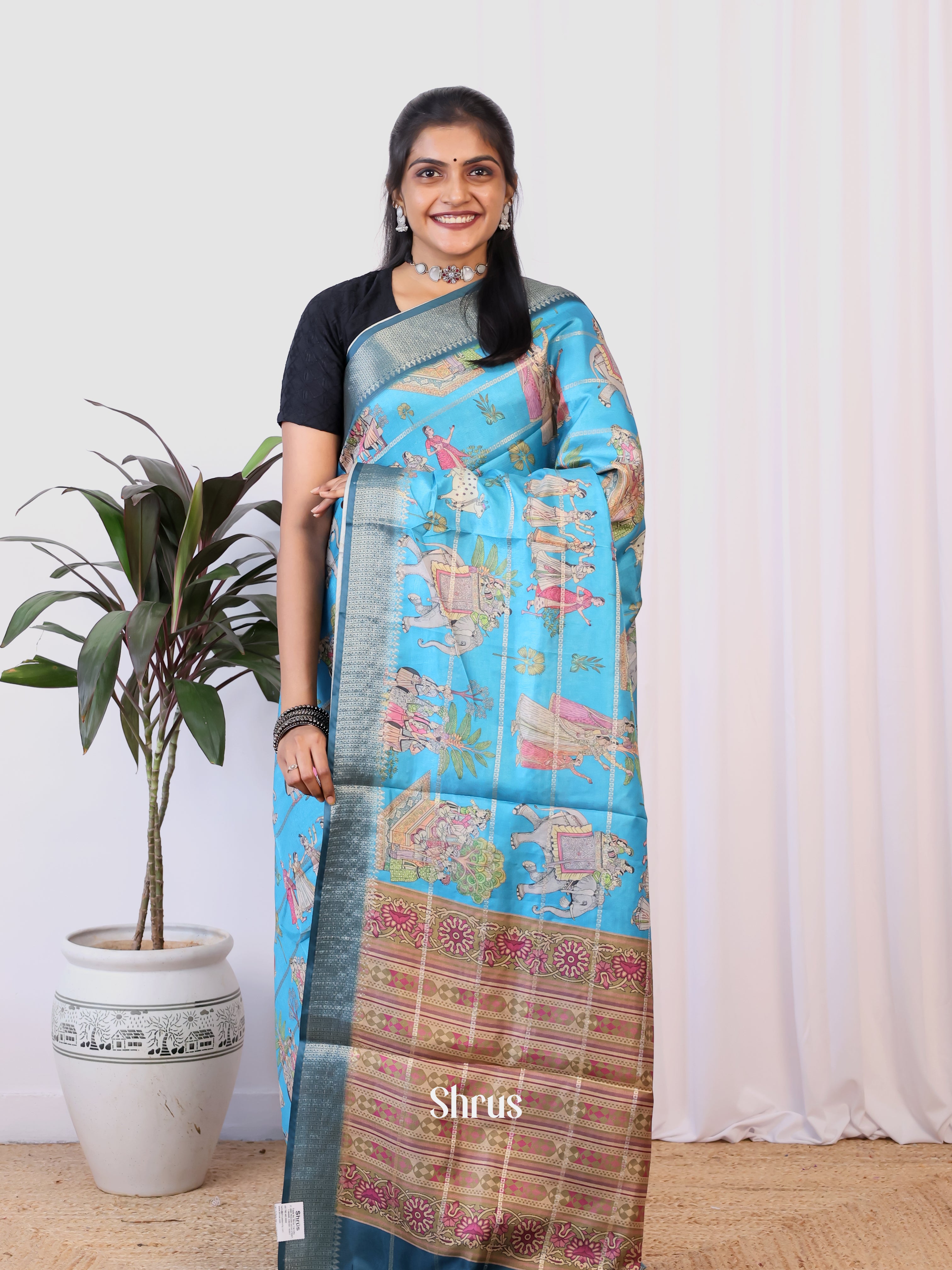 Blue & Brown - Semi Dola silk Saree - Shop on Shrus.com