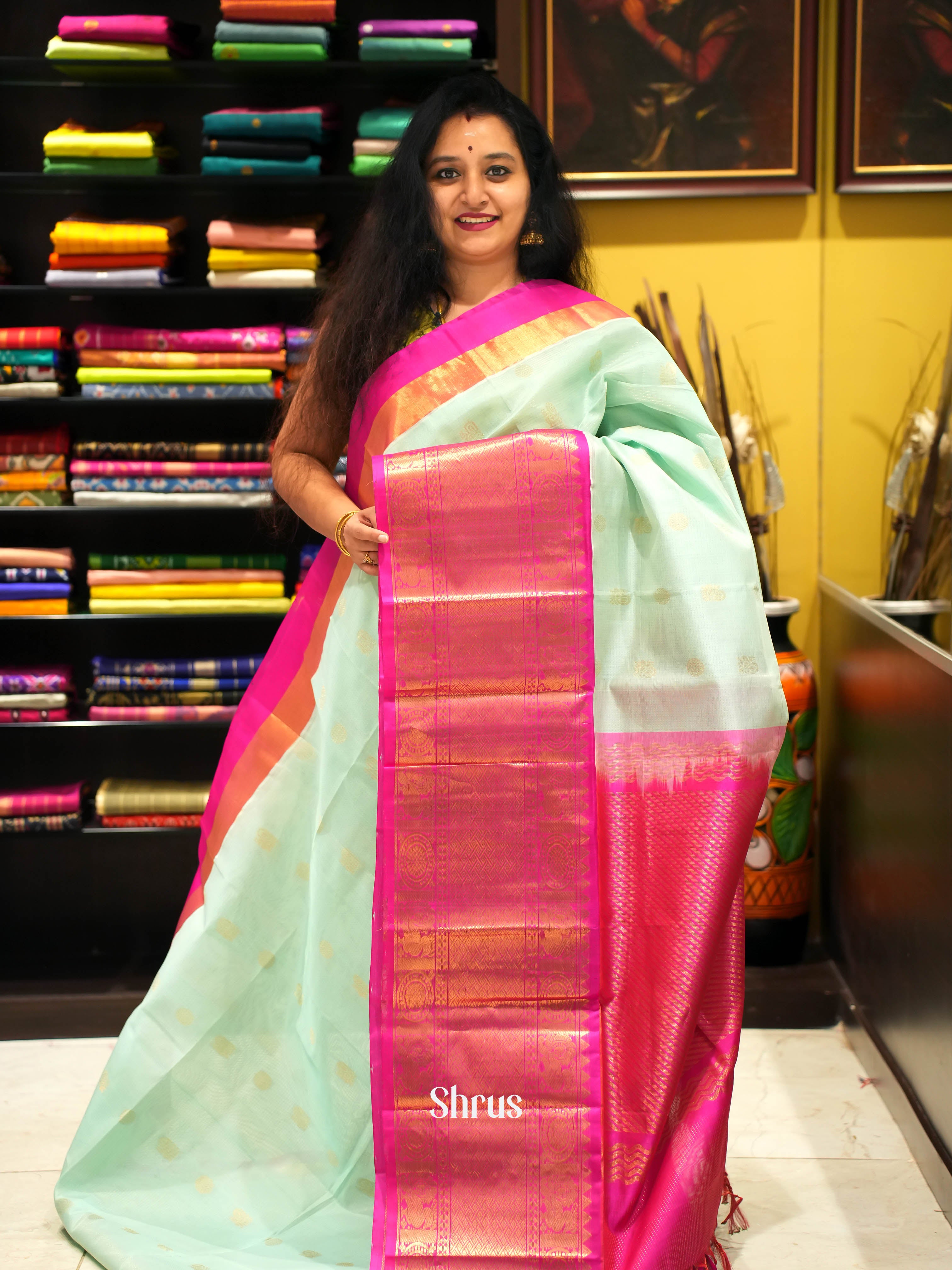 Ice Green & Pink- Silk Cotton Saree - Shop on Shrus.com