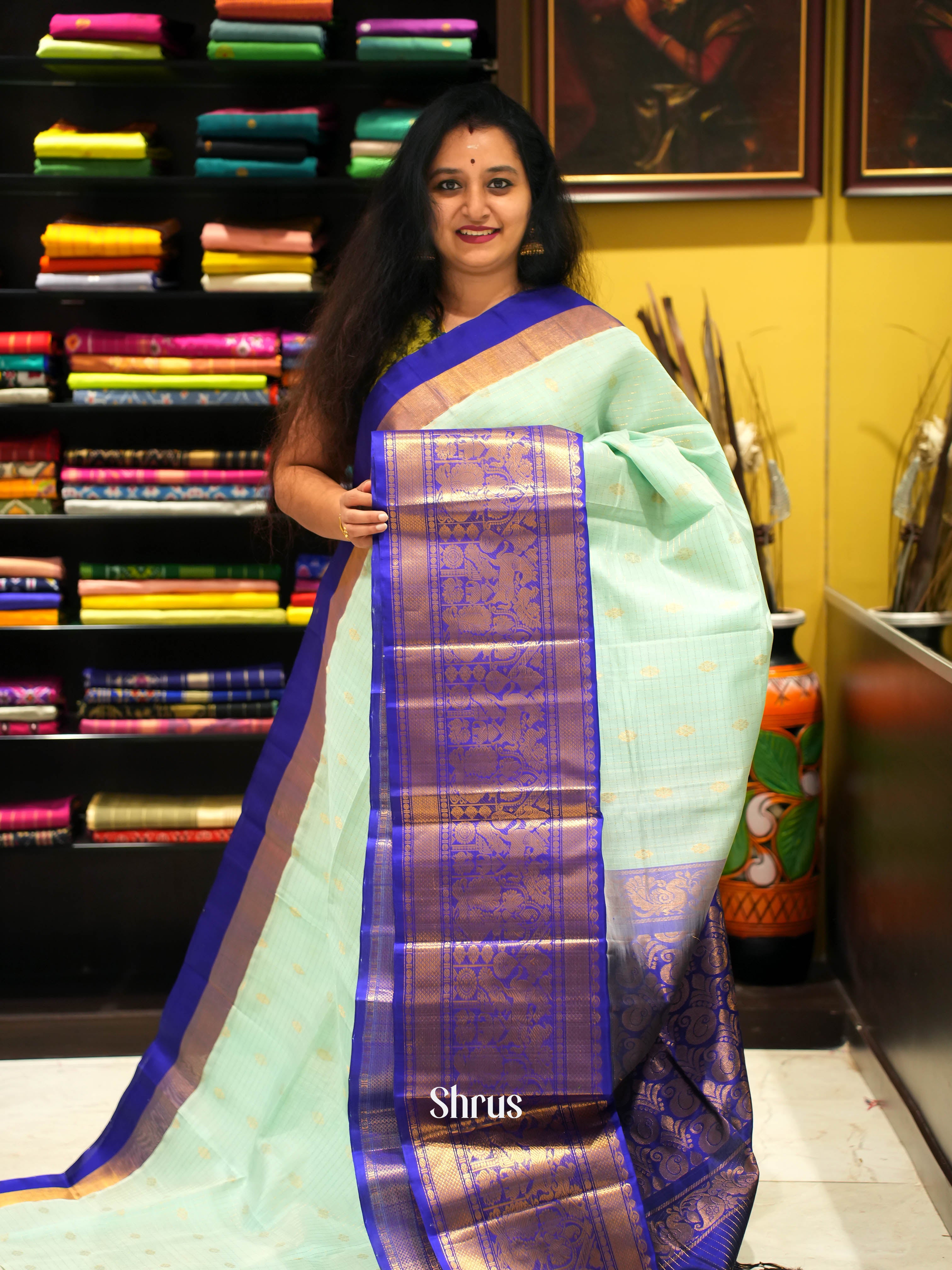 Ice Green Silk Cotton Saree With Zari Kattams and Buttas Across The Body and Contrast Blue Border With Zari Woven Procession Of Horses, elephants, Peacocks - Shop on Shrus.com