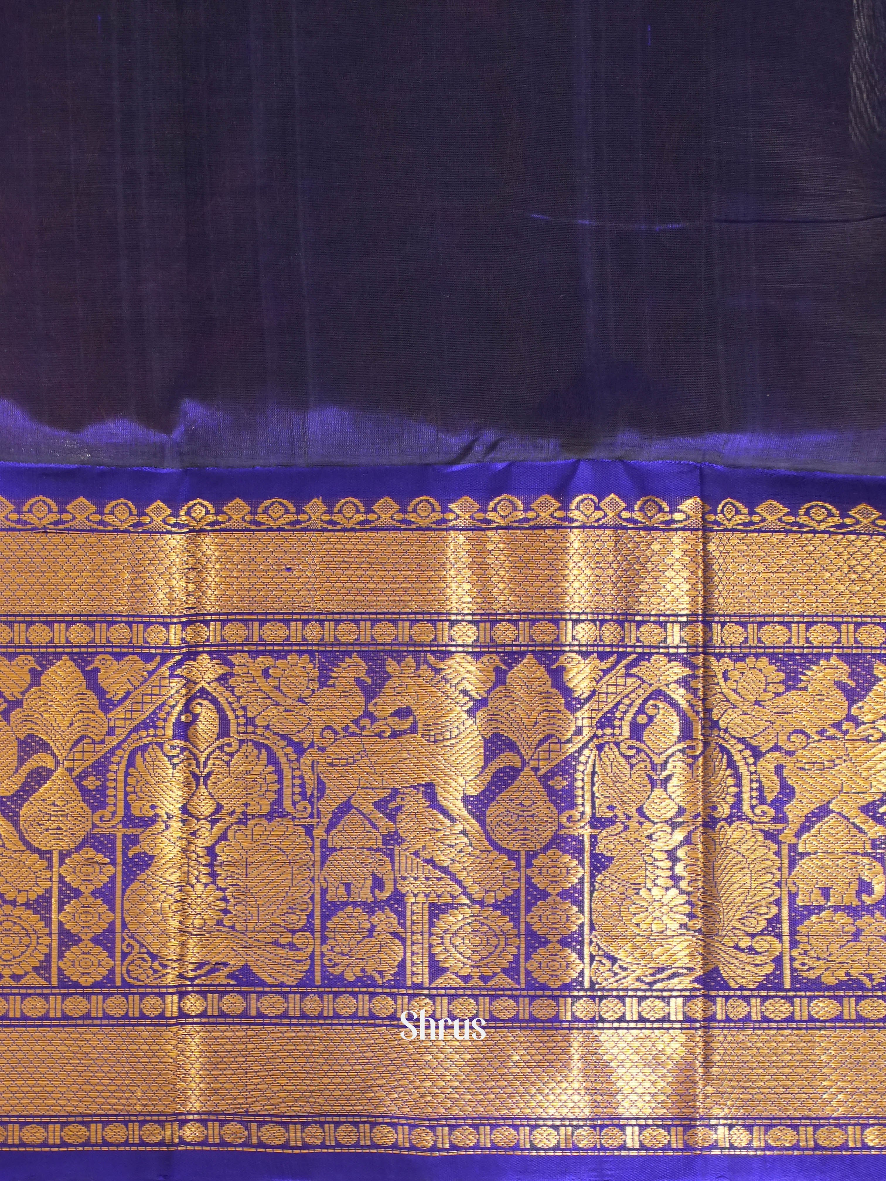 Ice Green Silk Cotton Saree With Zari Kattams and Buttas Across The Body and Contrast Blue Border With Zari Woven Procession Of Horses, elephants, Peacocks - Shop on Shrus.com