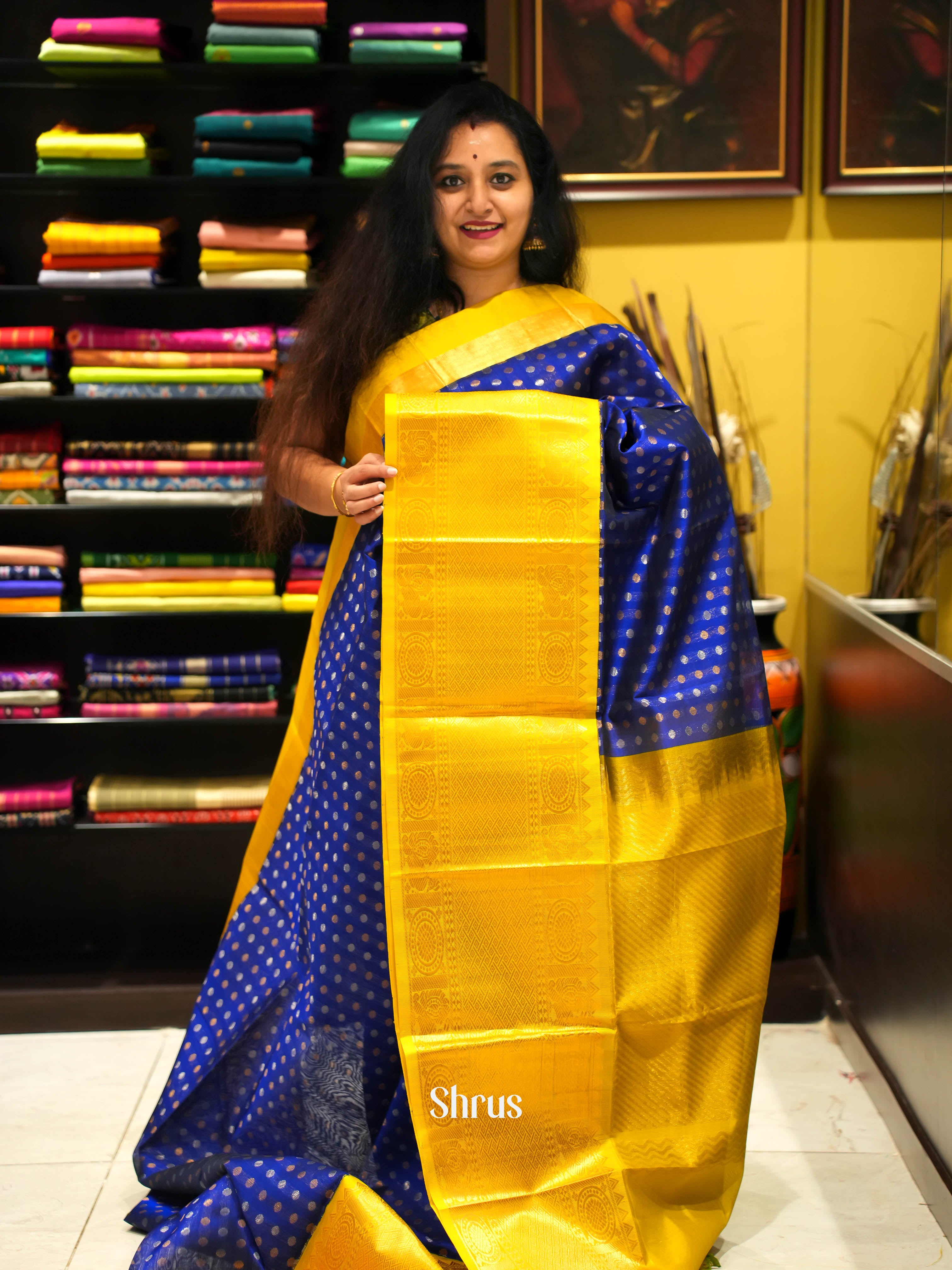 Blue & Yellow - Silk Cotton Saree - Shop on Shrus.com
