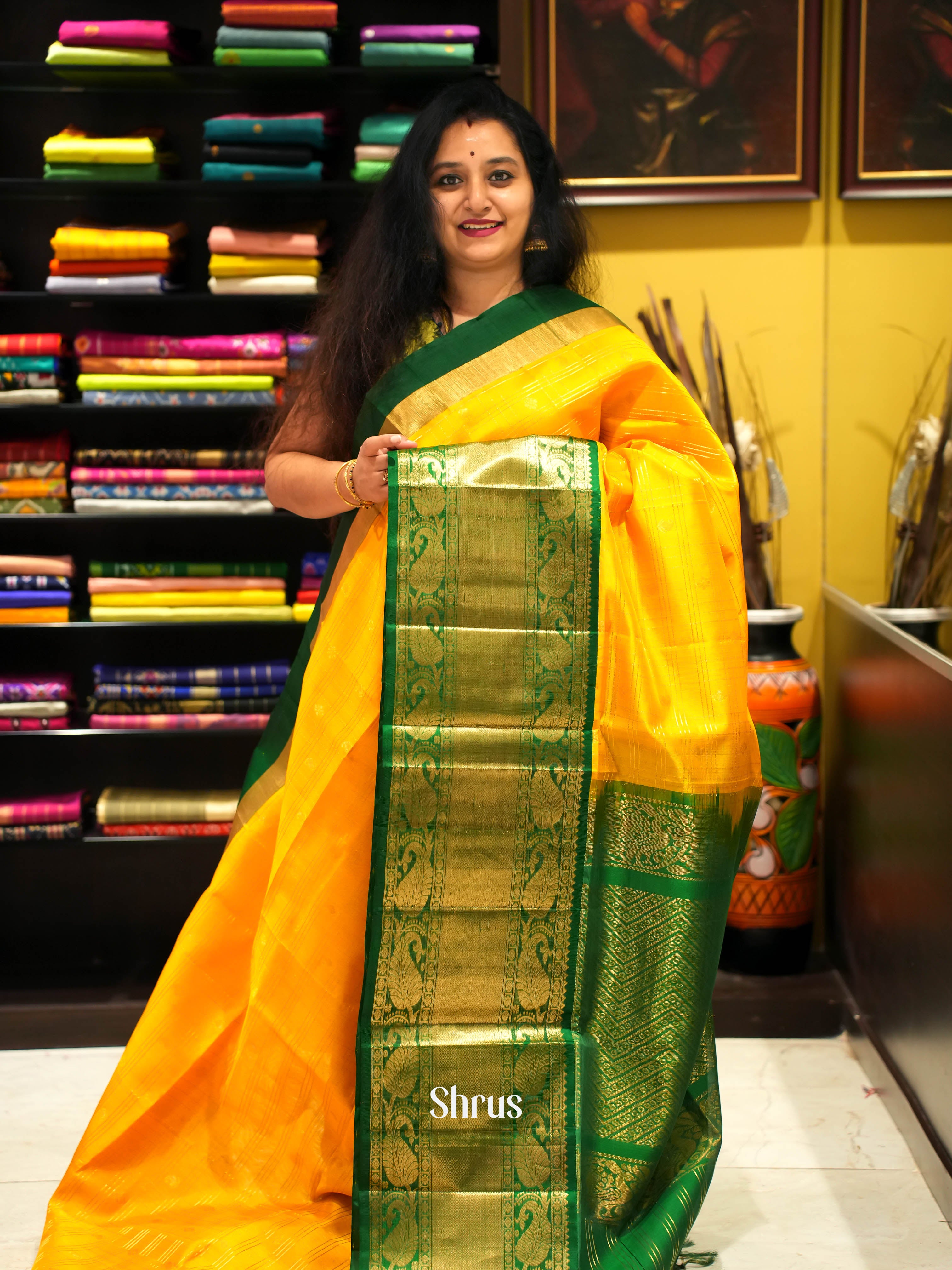 Yellow & Green - Silk Cotton Saree - Shop on Shrus.com
