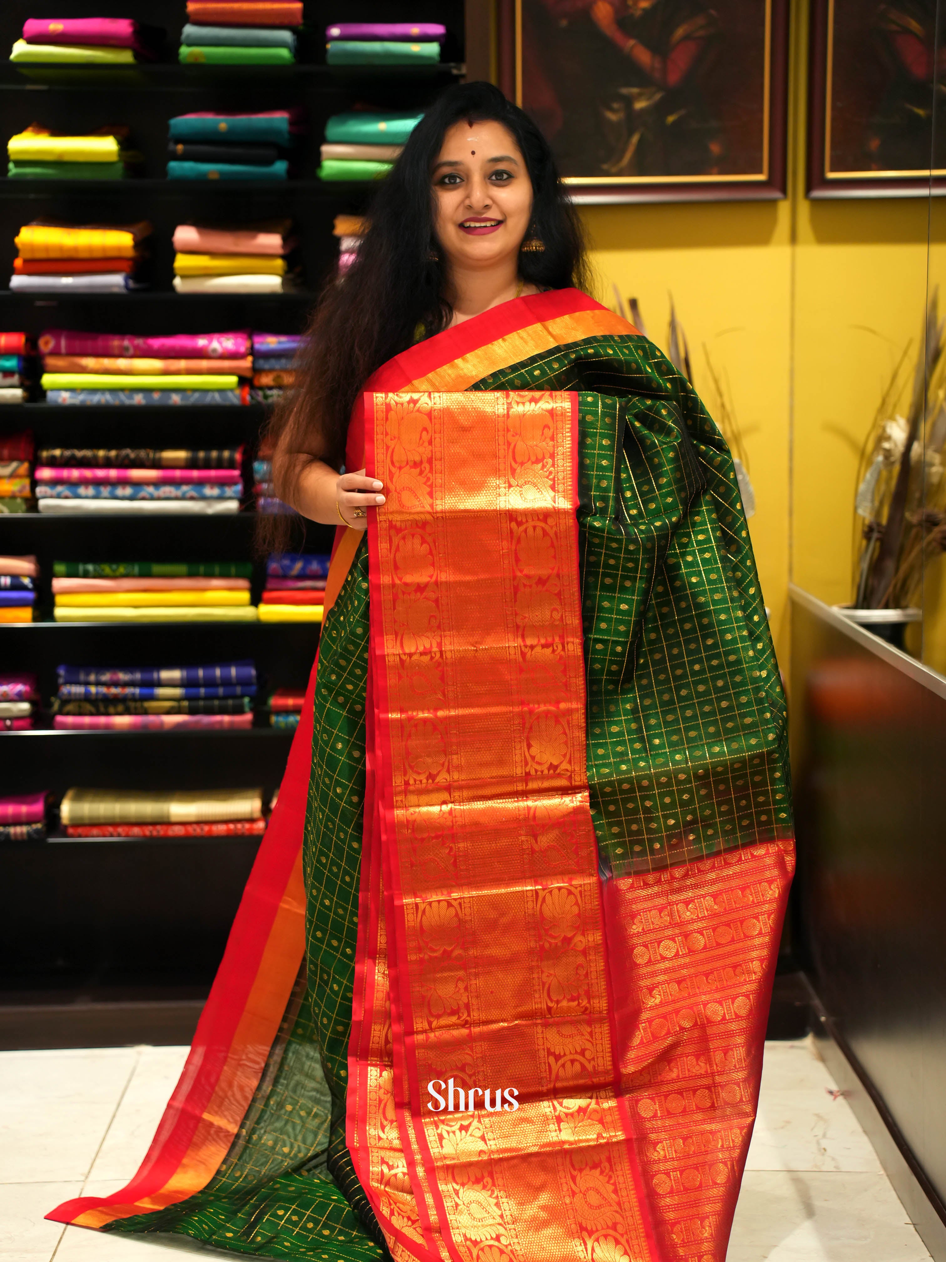 Green & Red- Silk Cotton Saree - Shop on Shrus.com