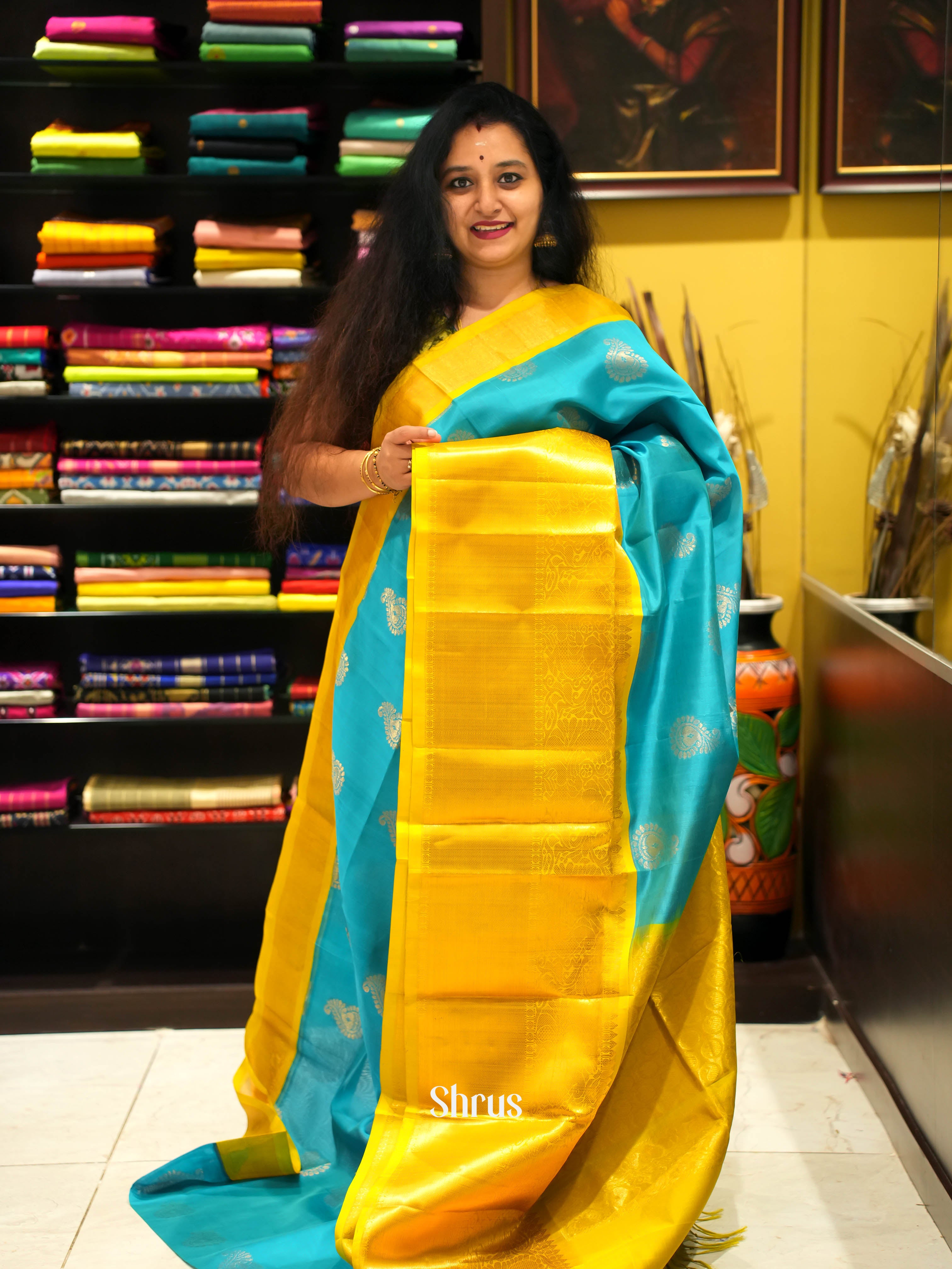Blue & Yellow - Silk Cotton Saree - Shop on Shrus.com