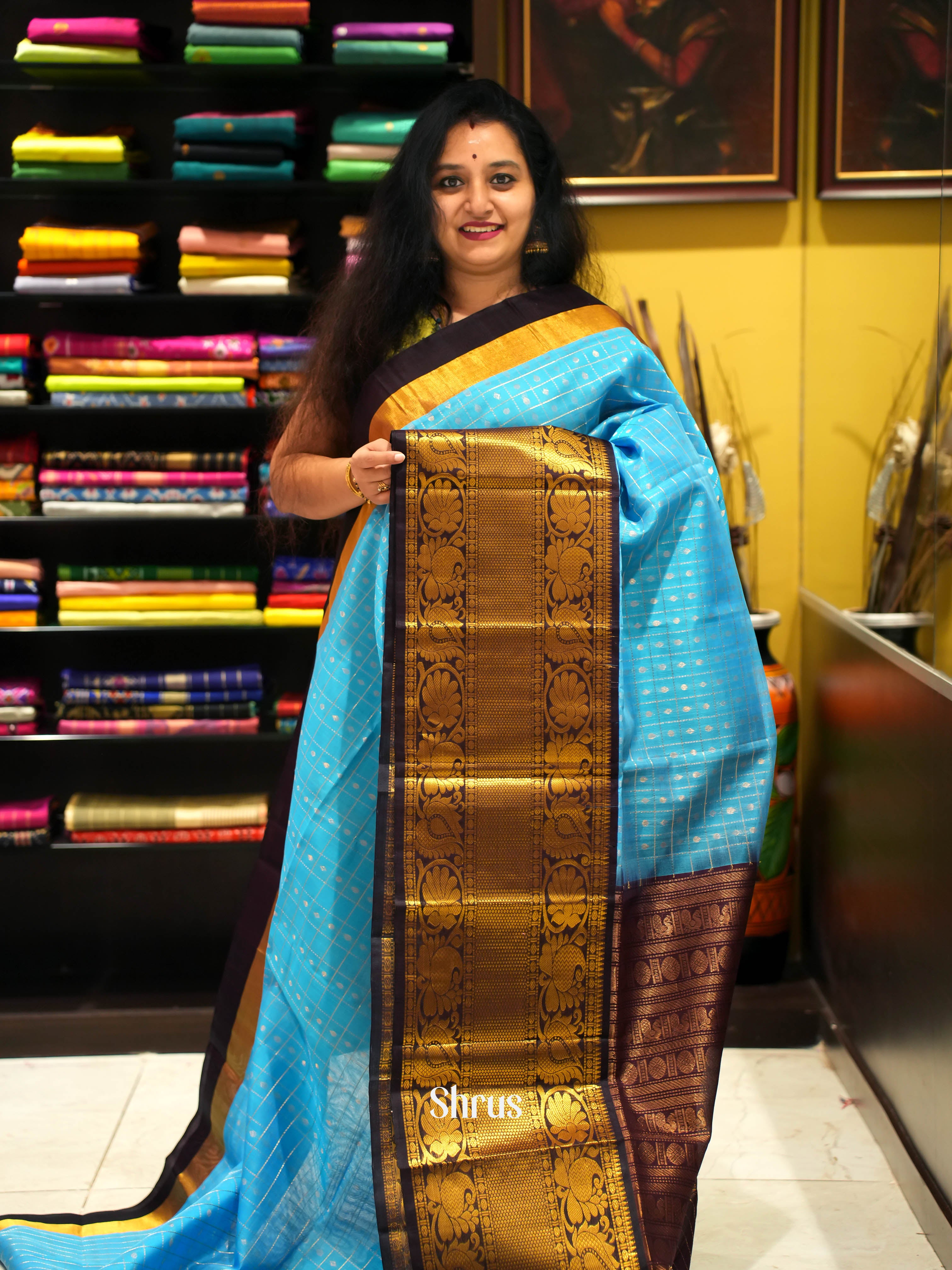 Majestic Blue Silk Cotton Saree With Zari Kattams and 1000 Buttas Across The Body and Contrast Brown Border With Zari Woven Manga And Floral Design - Shop on Shrus.com