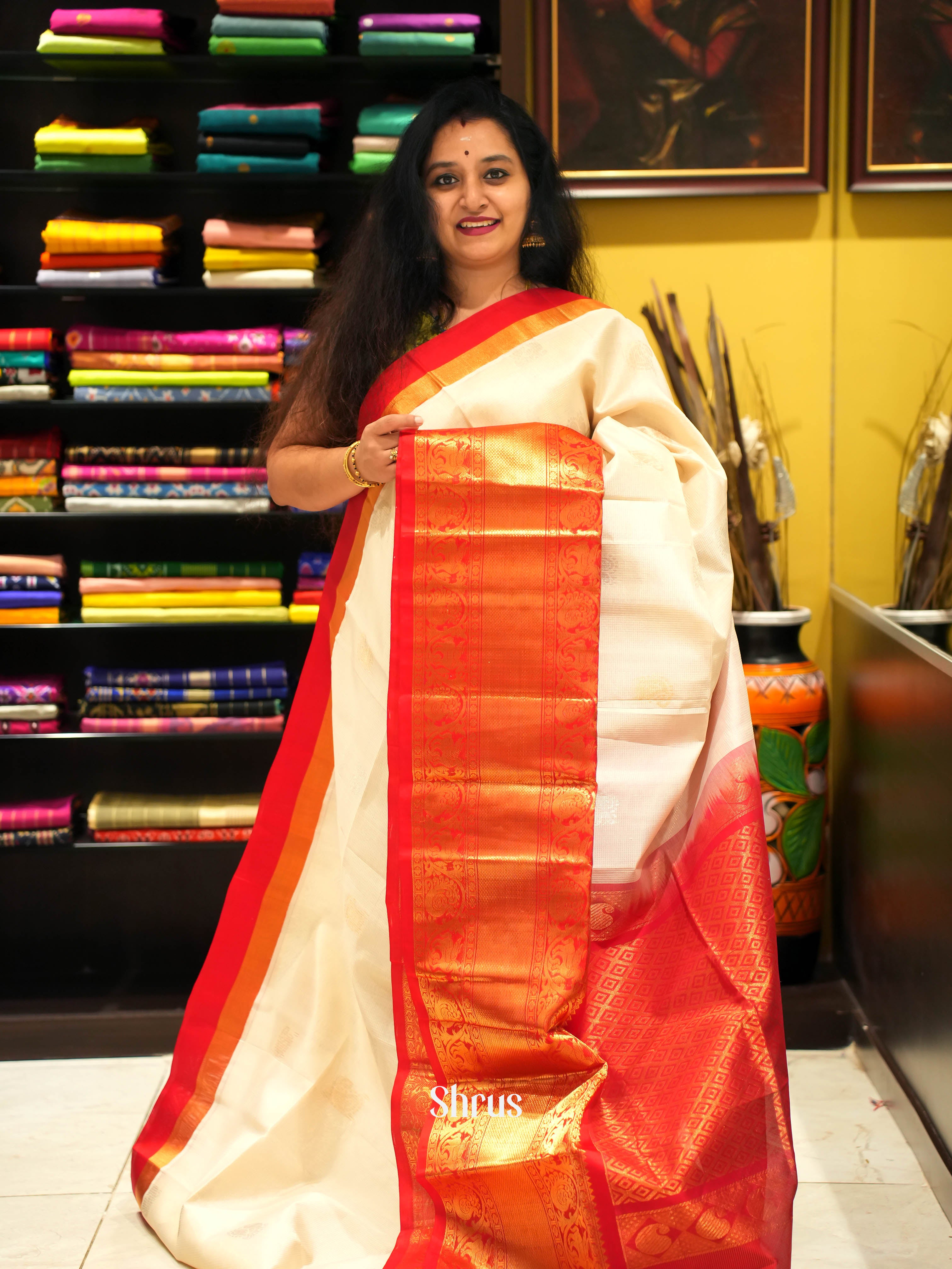 cream & Red - Silk Cotton Saree - Shop on Shrus.com