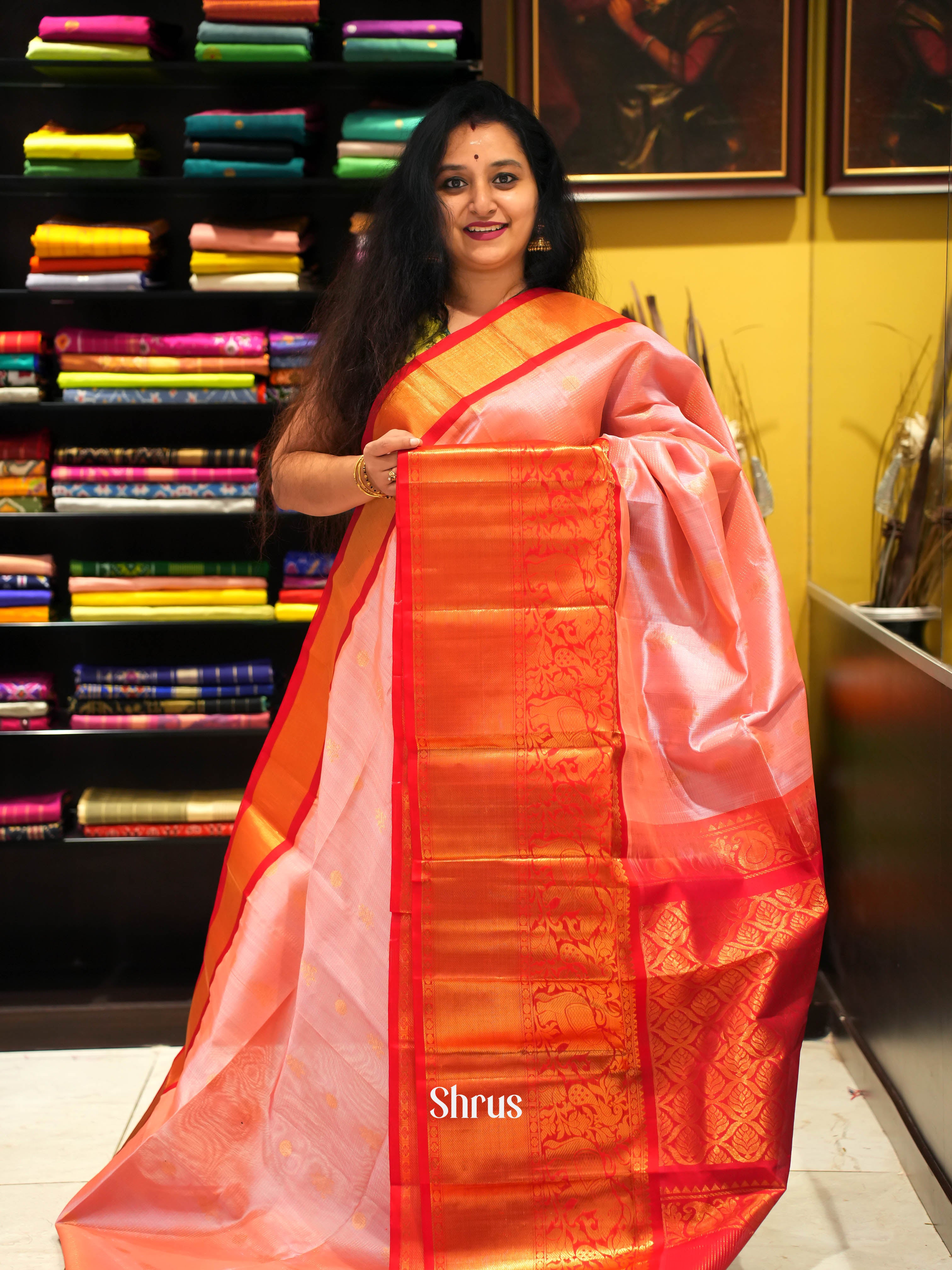 Pink & Red - Silk Cotton Saree - Shop on Shrus.com