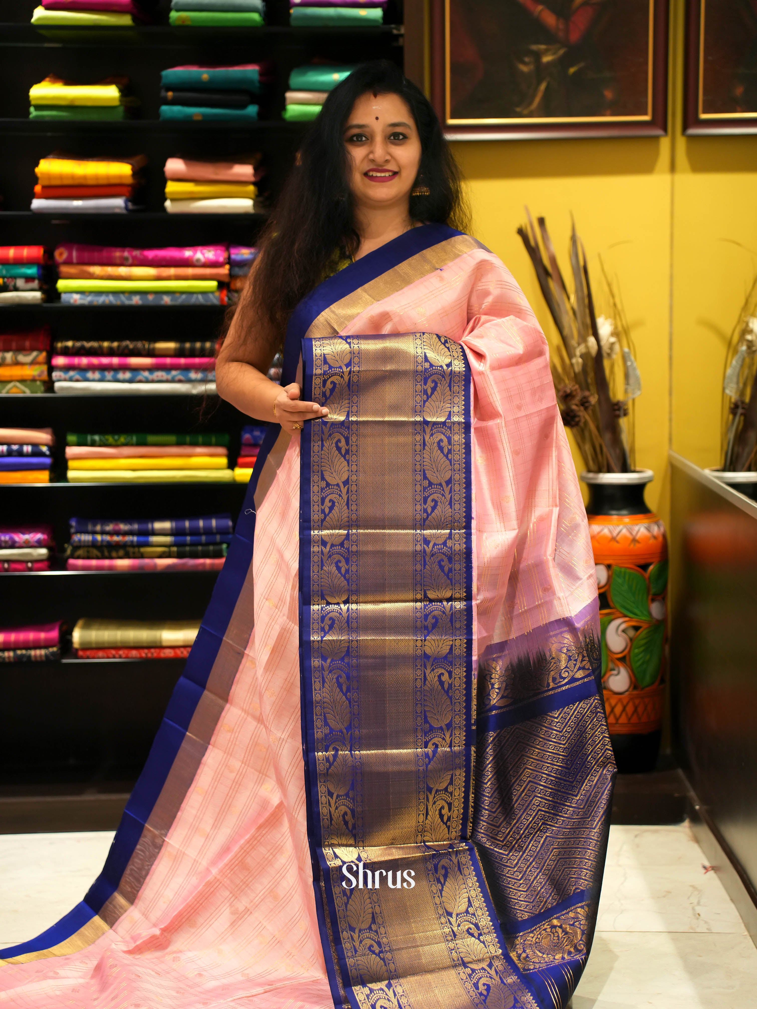 Pink & Blue - Silk Cotton Saree - CIS23106 - Shop on Shrus.com