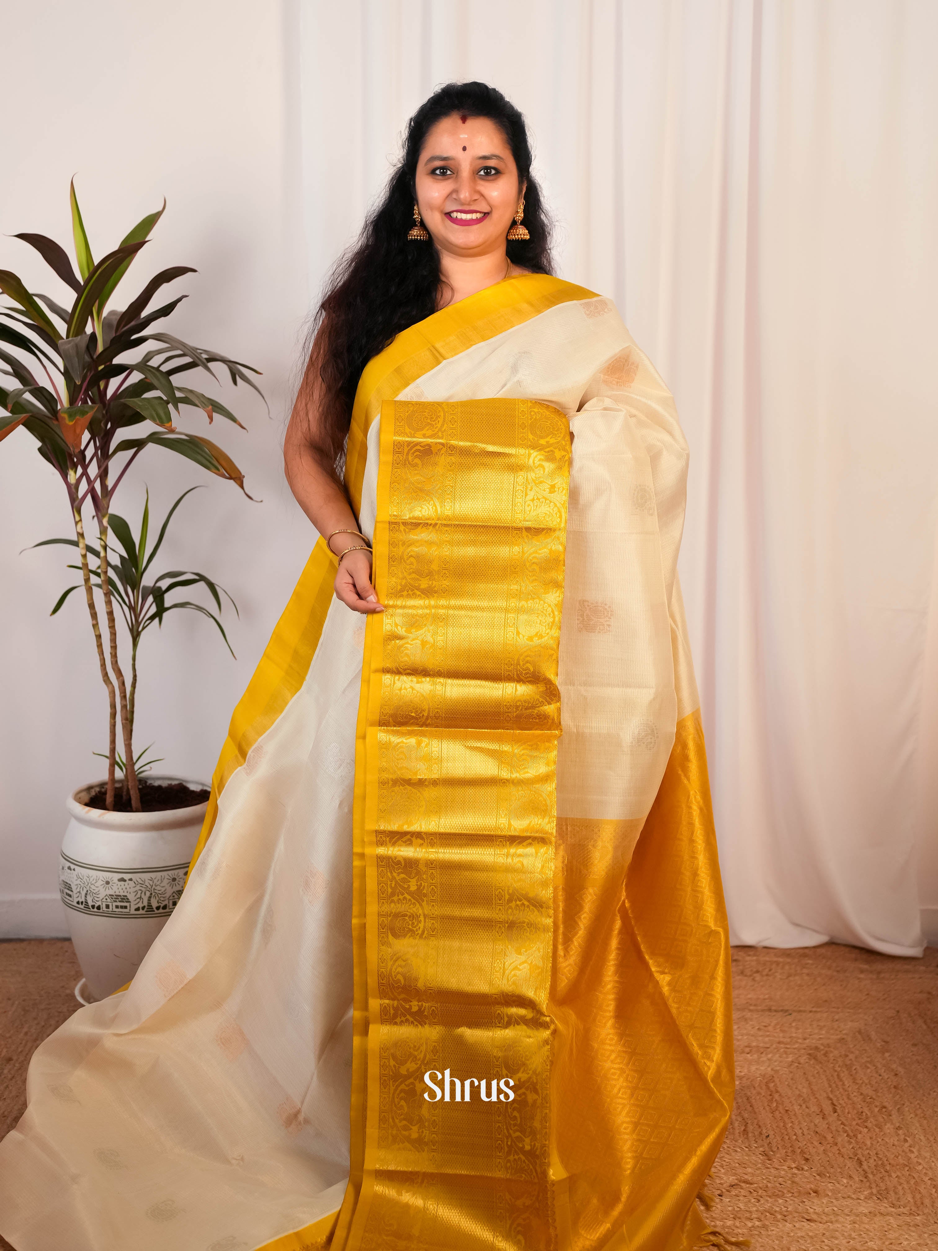 Cream & Yellow -Silk Cotton Saree - Shop on Shrus.com