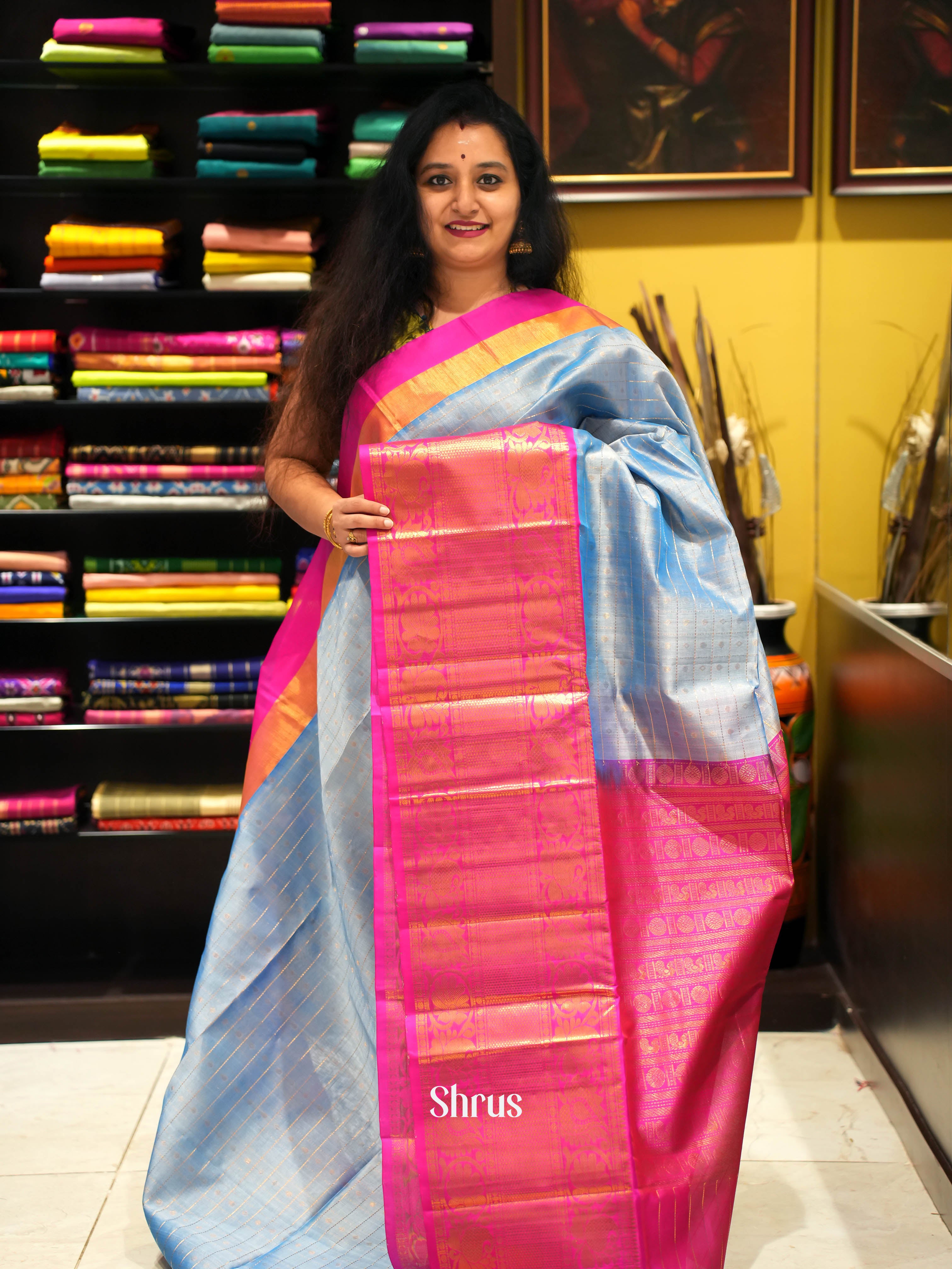 Serene Blue Silk Cotton Saree With Zari Kattams and 1000 Buttas Across The Body