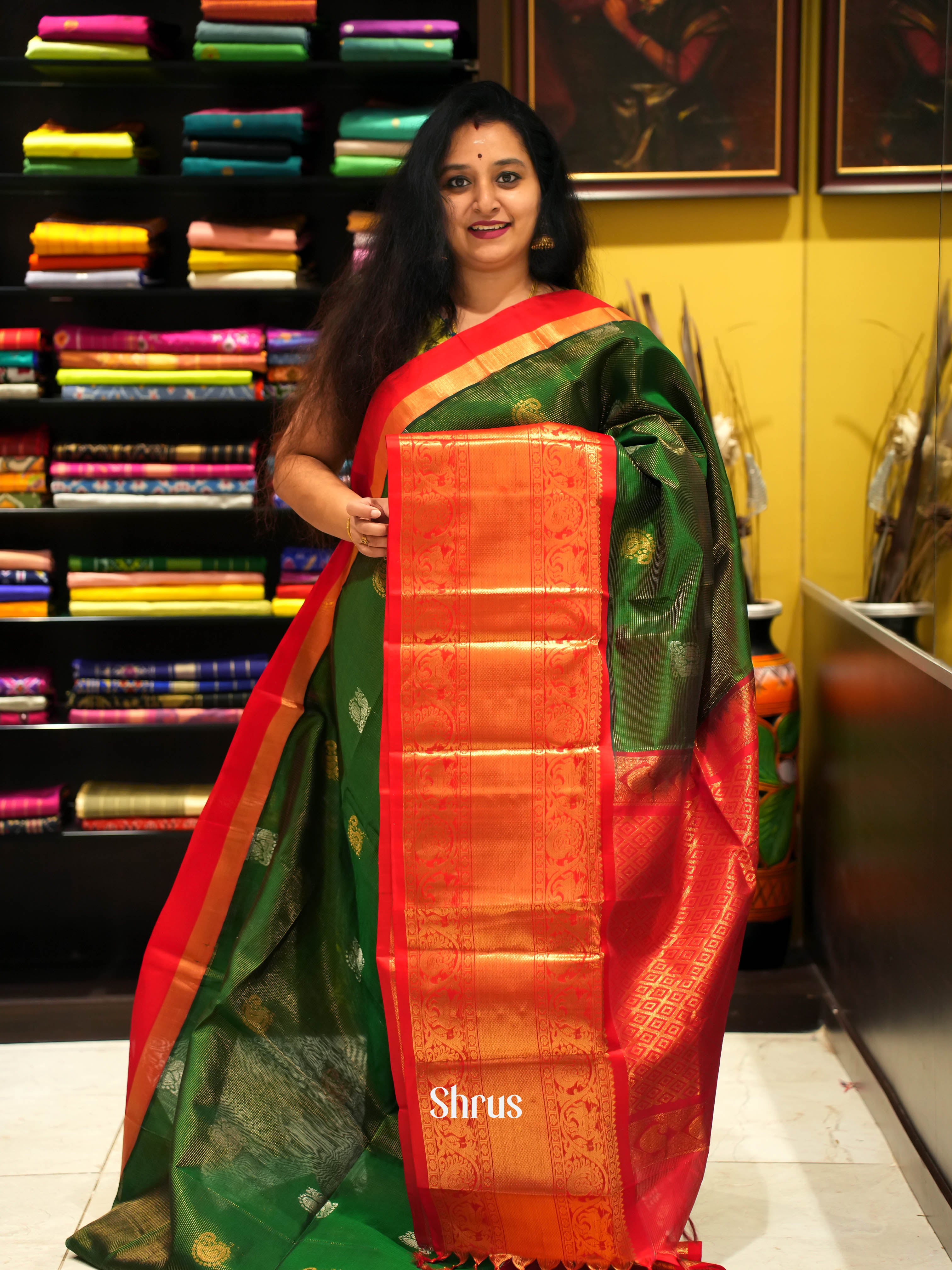 Green & Red - Silk Cotton Saree - Shop on Shrus.com