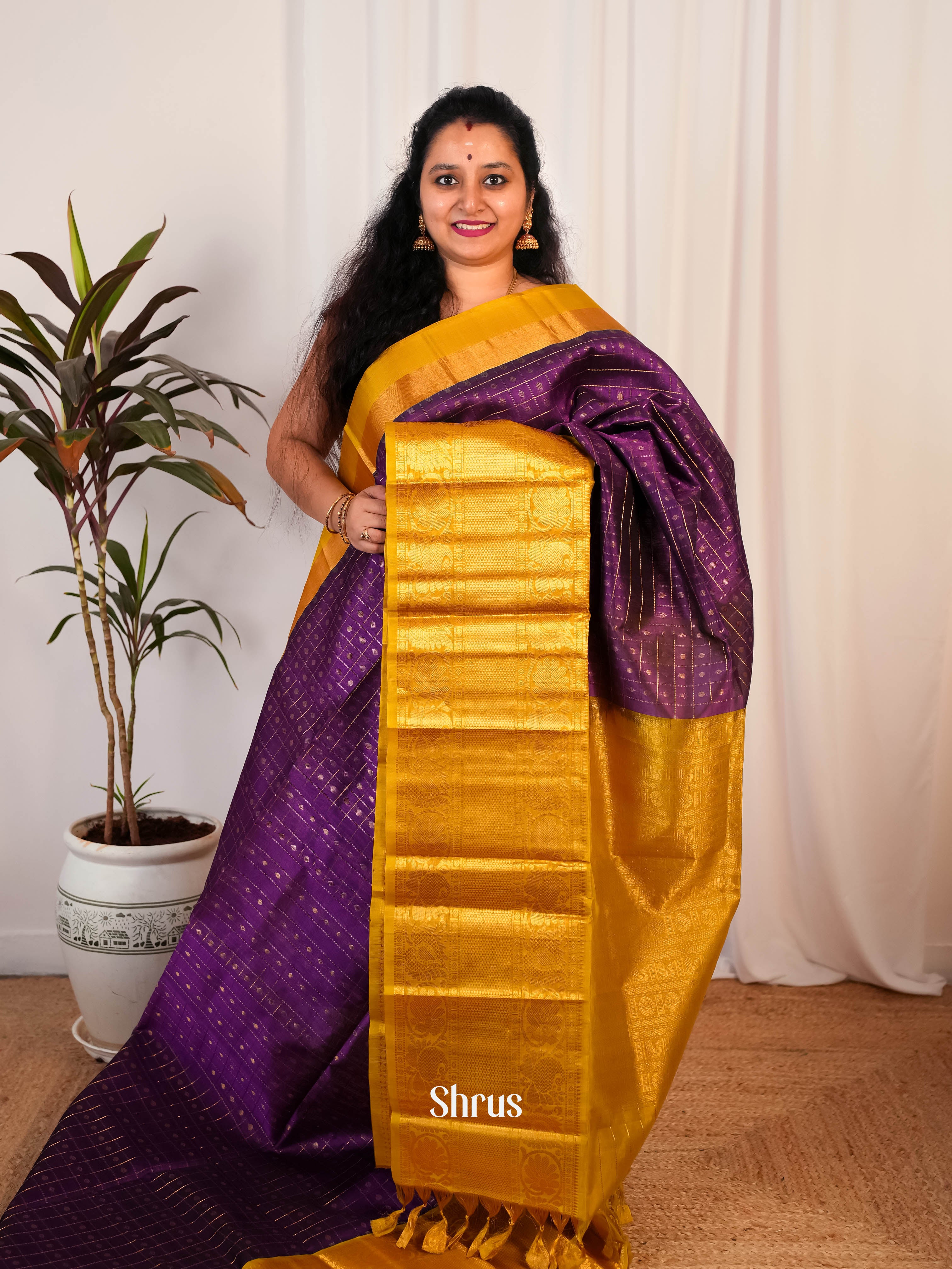 Violet & Lime Green -Silk Cotton Saree - Shop on Shrus.com