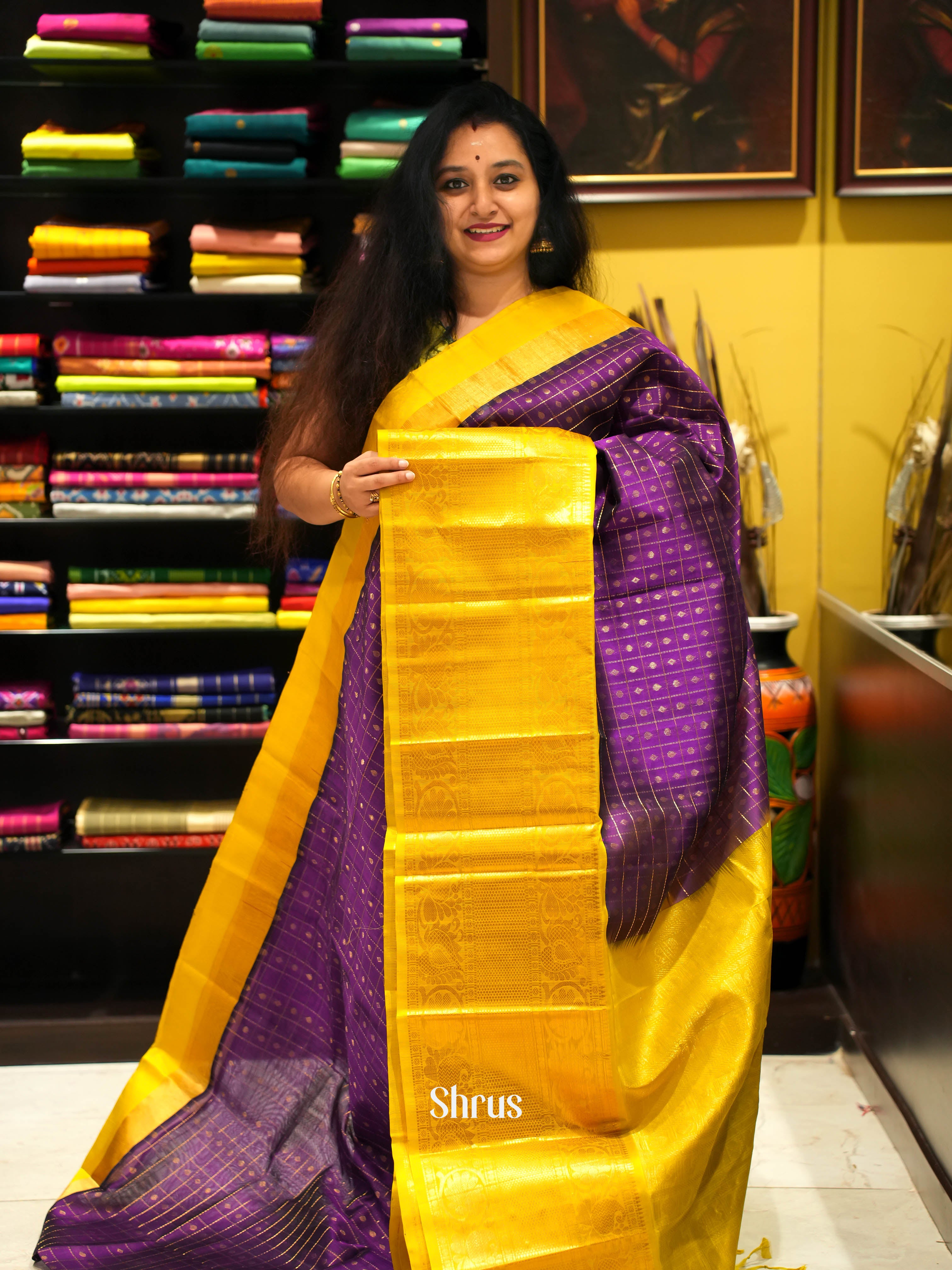 Violet & Lime Green -Silk Cotton Saree - Shop on Shrus.com