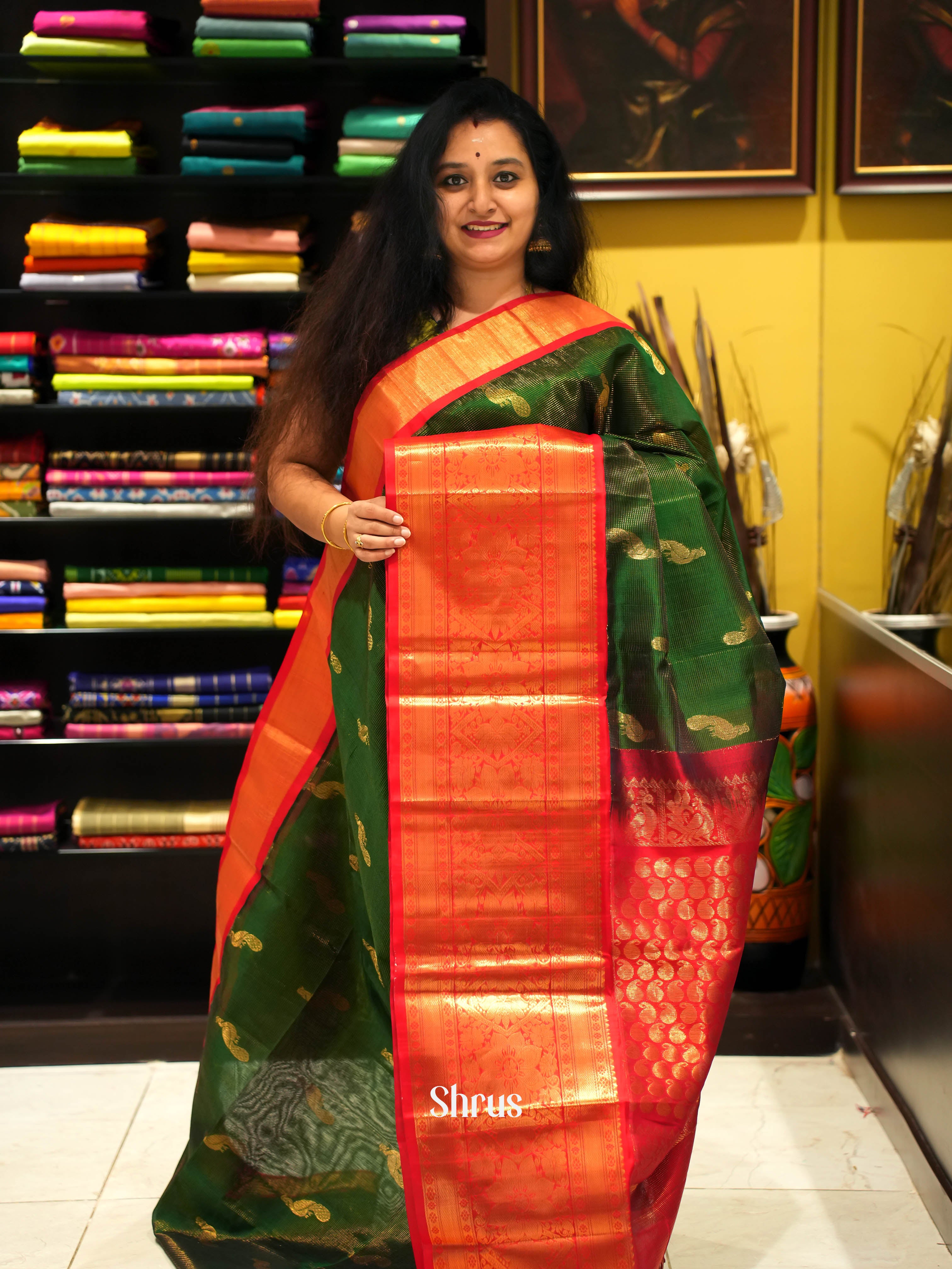 Green & Red- Silk Cotton Saree - Shop on Shrus.com