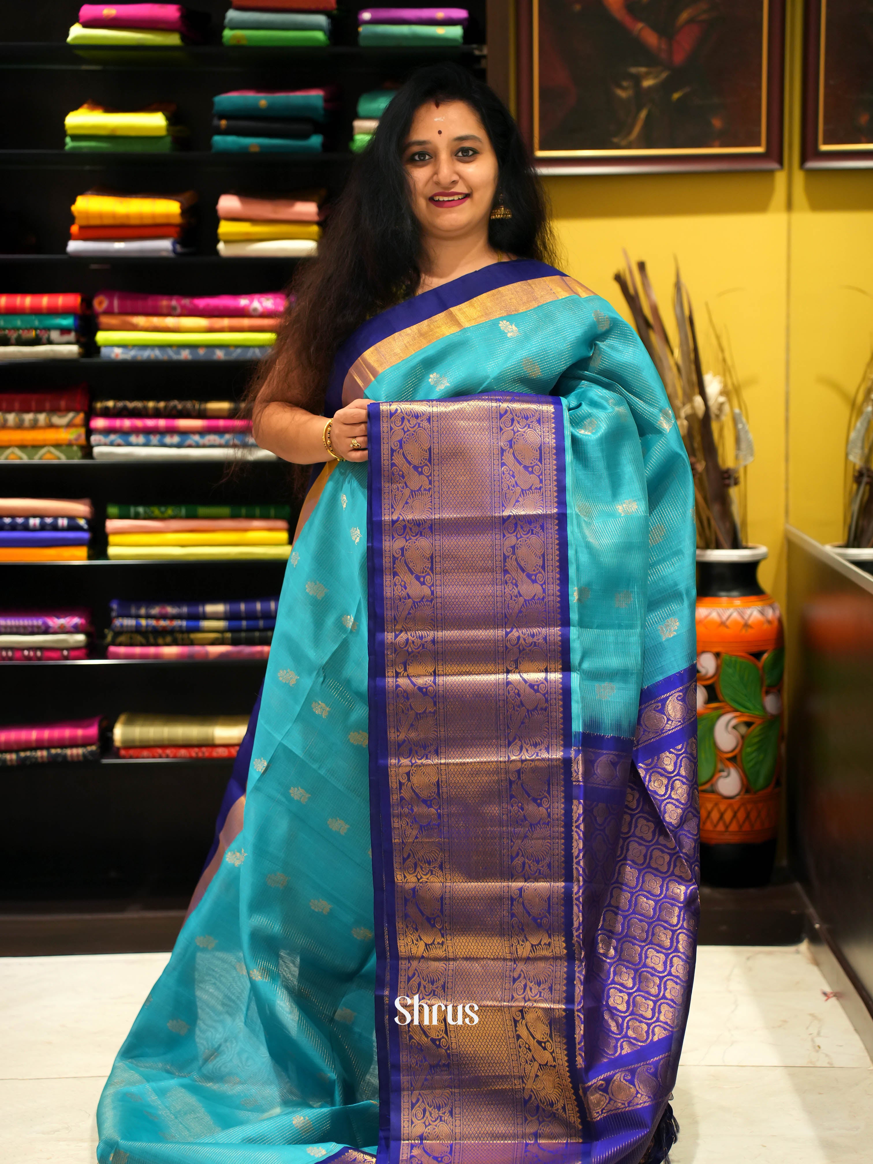 Teal & Blue - Silk Cotton Saree - Shop on Shrus.com