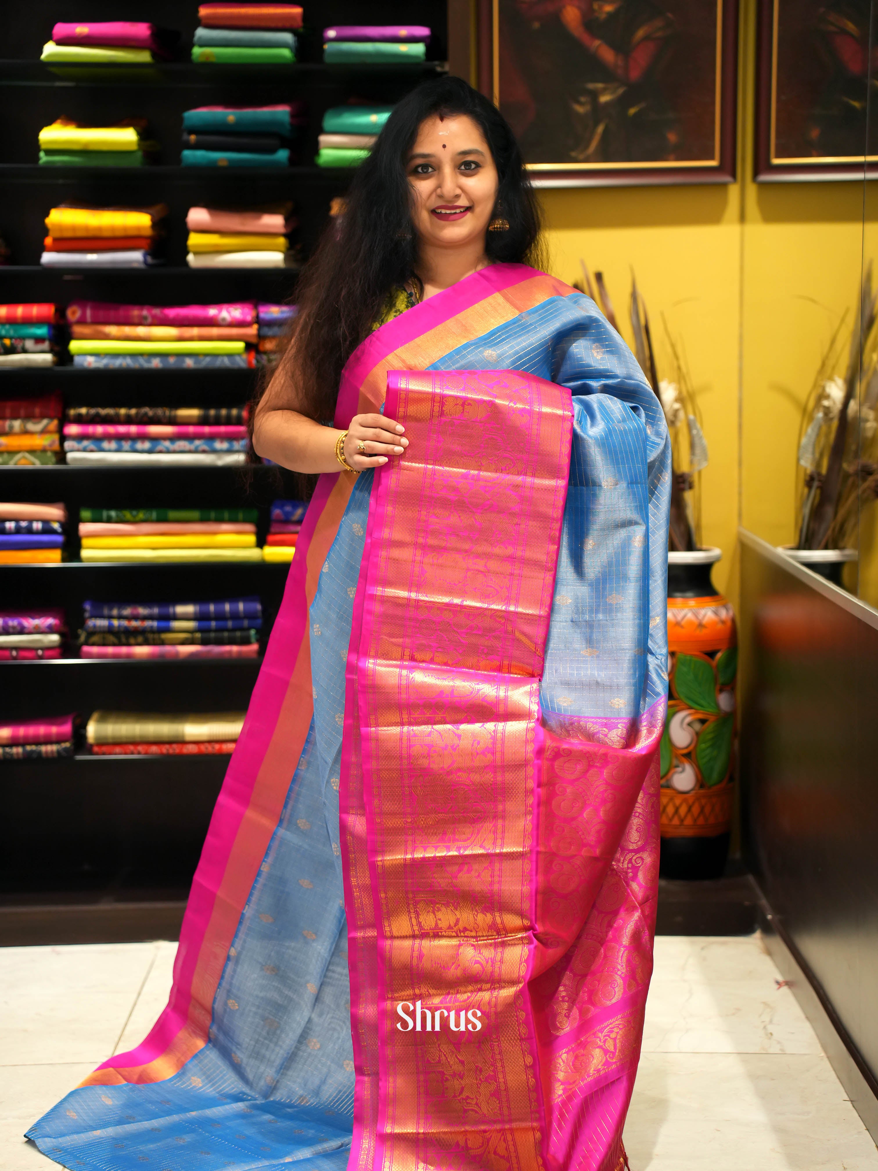 Chic Blue Silk Cotton Saree With Zari Kattams and Buttas Across The Body and Contrast Pink Border With Zari Woven Procession Of Horses, elephants, Peacocks - Shop on Shrus.com
