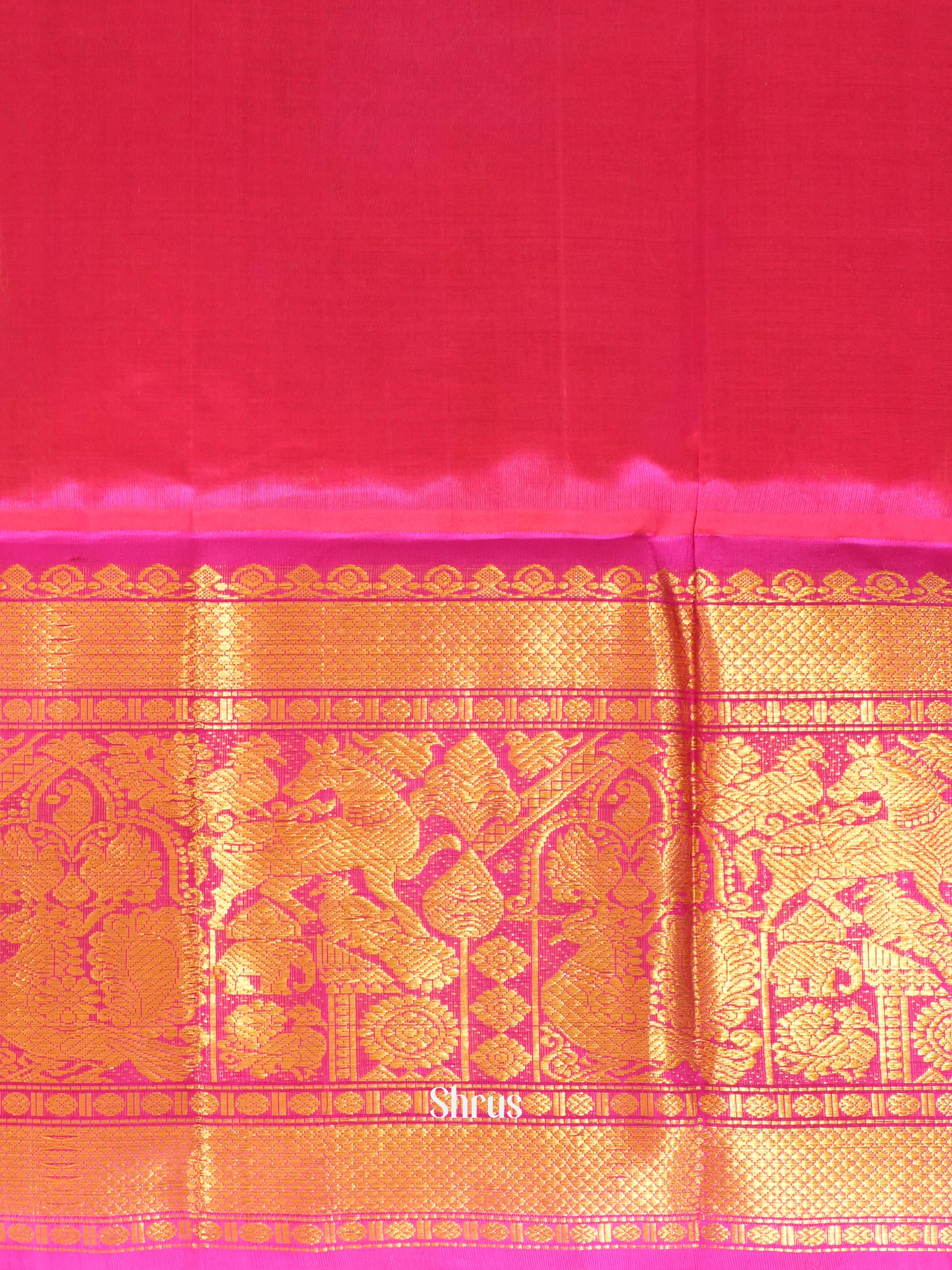 Chic Blue Silk Cotton Saree With Zari Kattams and Buttas Across The Body and Contrast Pink Border With Zari Woven Procession Of Horses, elephants, Peacocks - Shop on Shrus.com