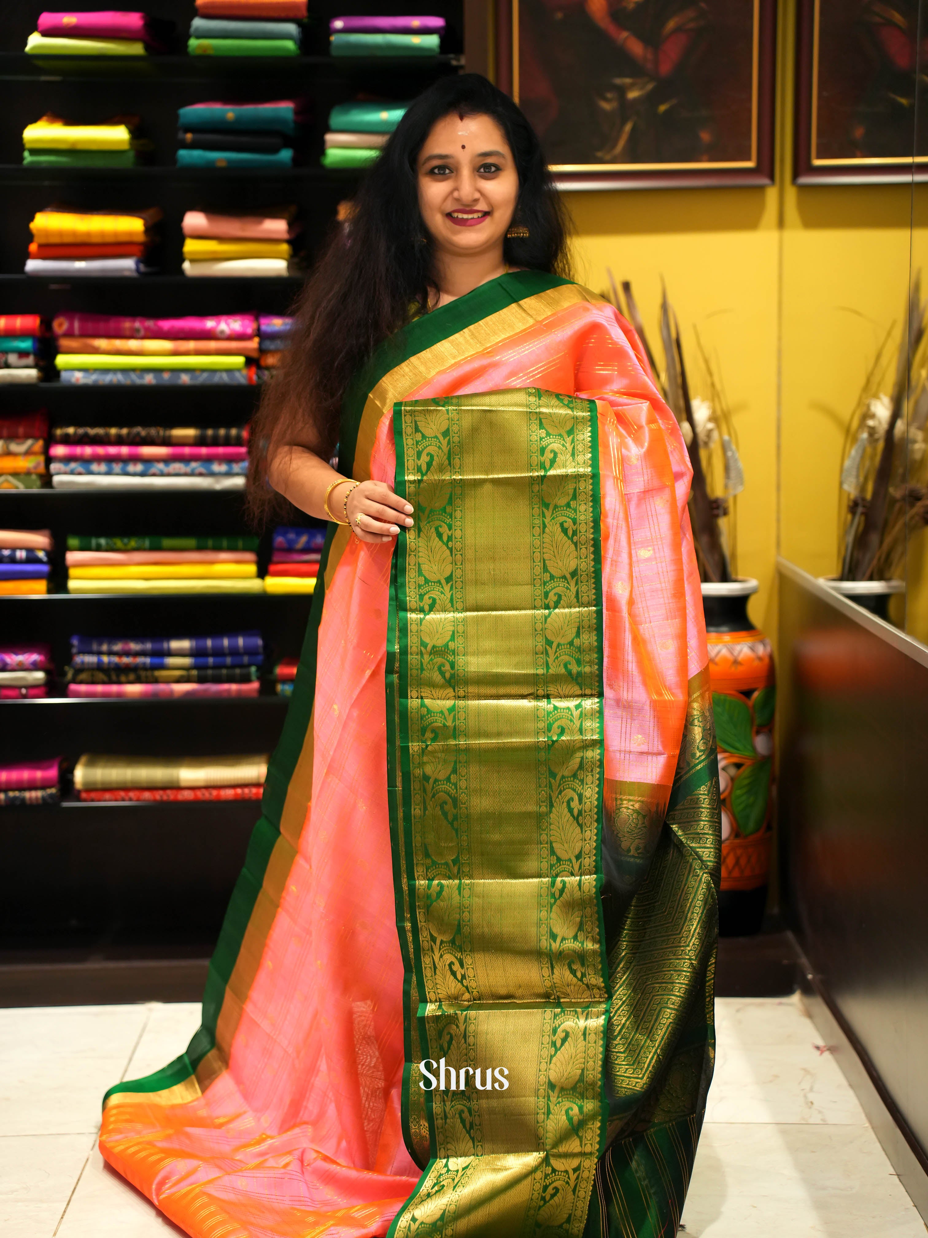 Pink & Green - Silk Cotton Saree - Shop on Shrus.com