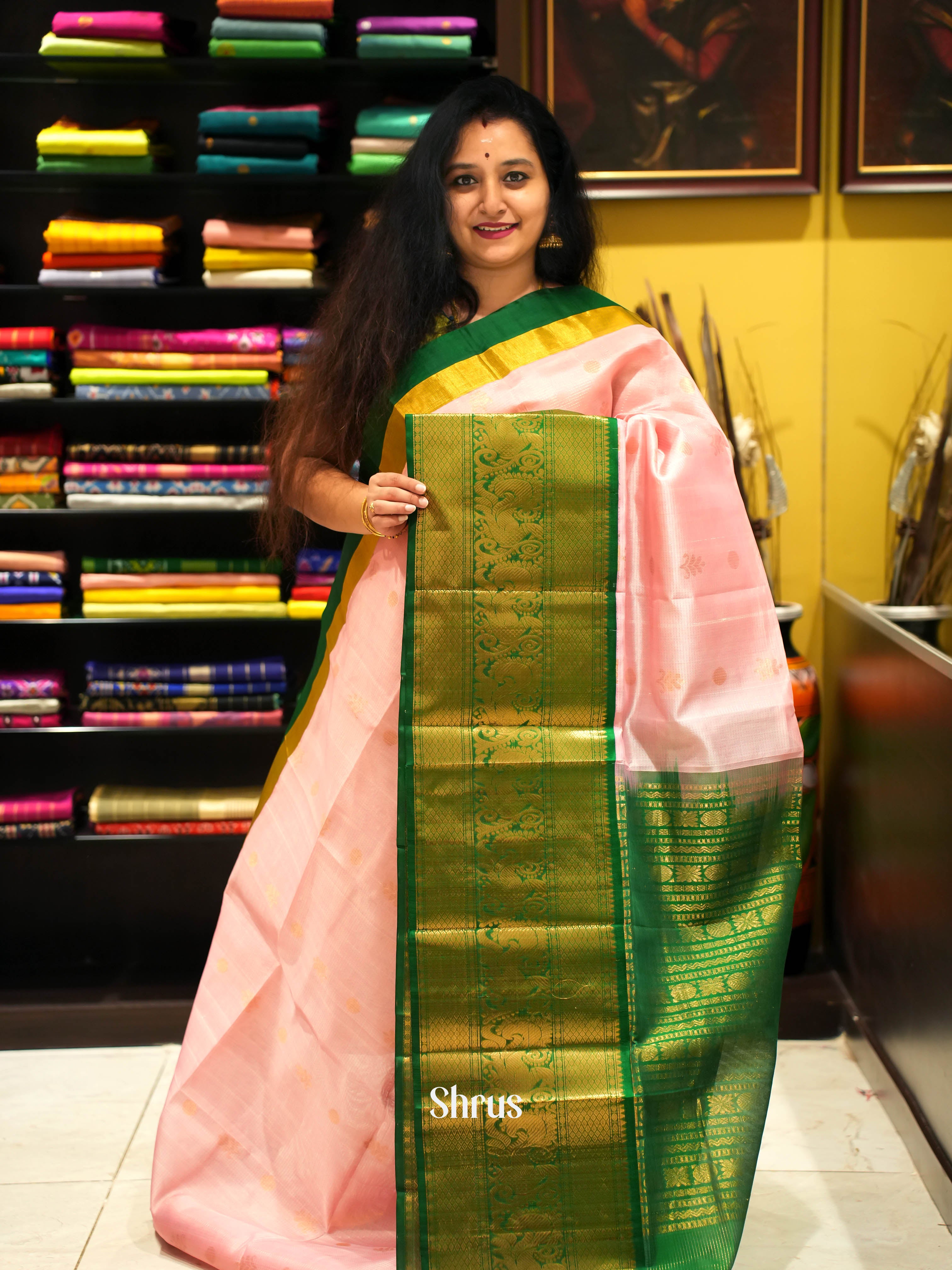 Pink & Green - Silk Cotton Saree - Shop on Shrus.com
