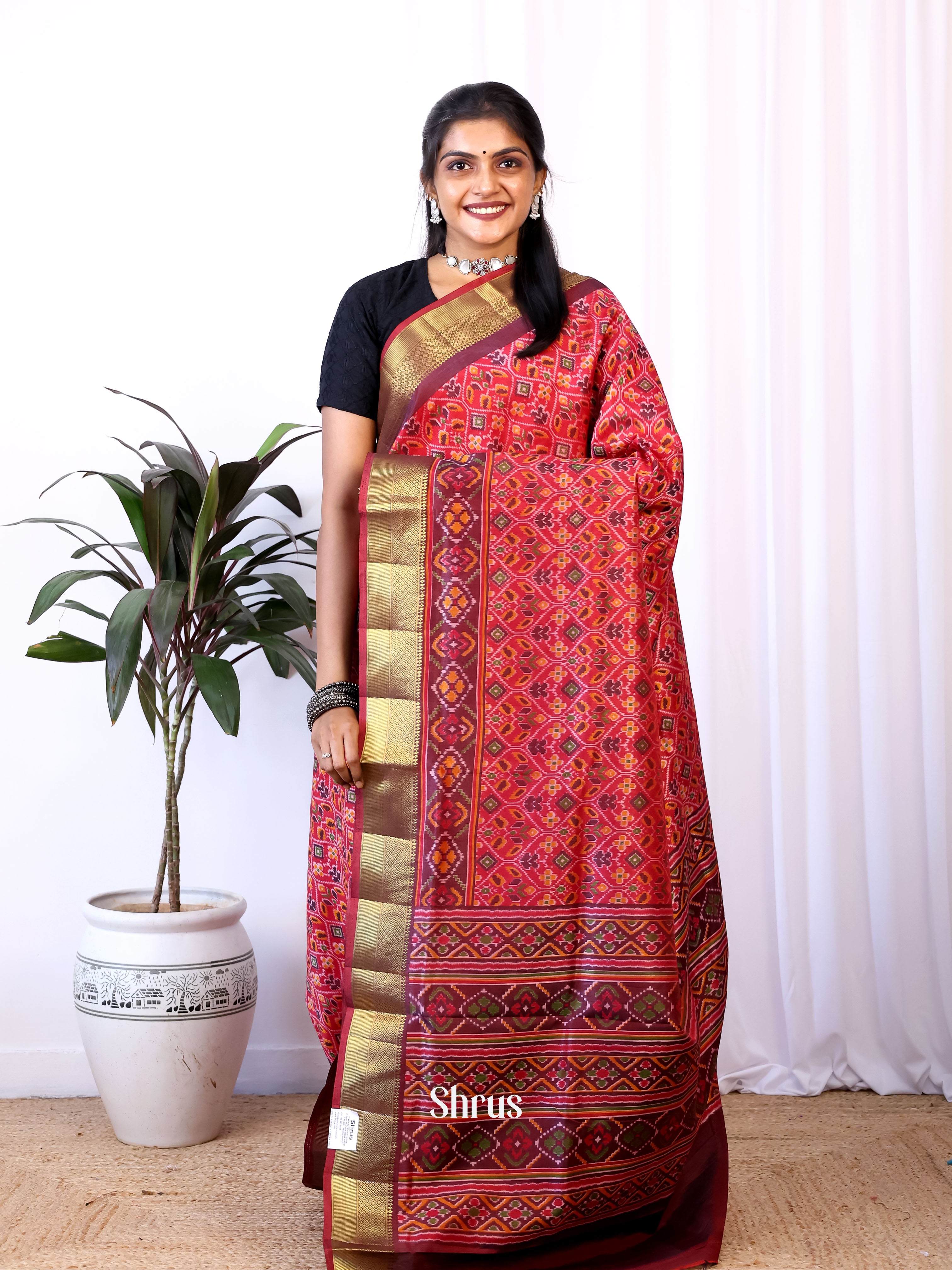 Red & Brown - Semi Patola Saree - Shop on Shrus.com