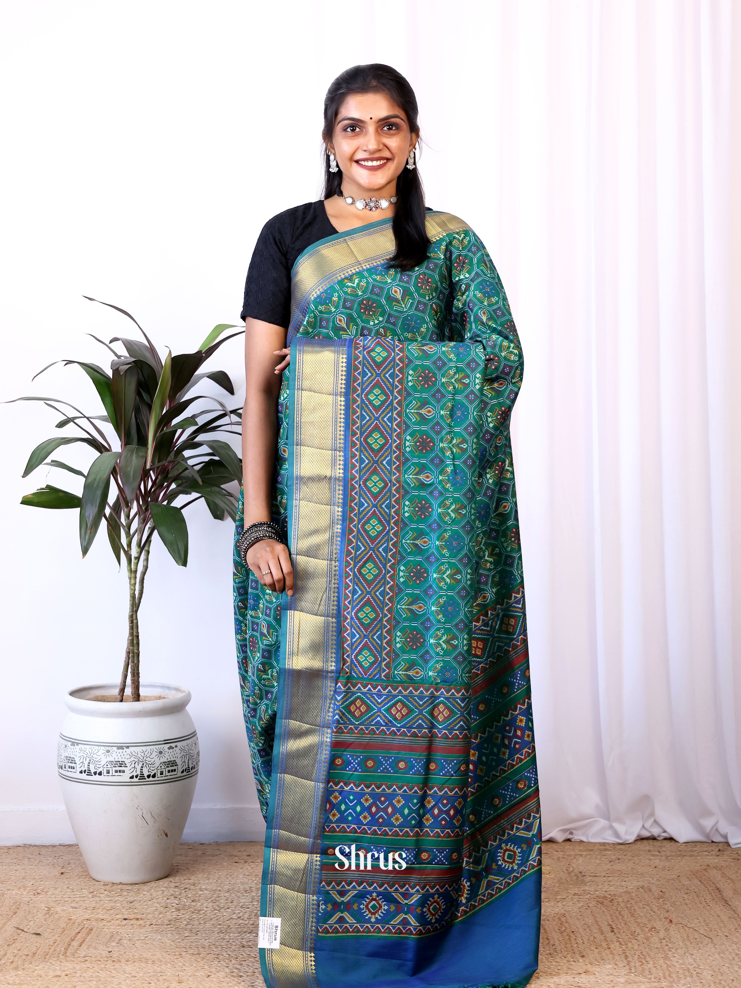 Green & Blue - Semi Patola Saree - Shop on Shrus.com