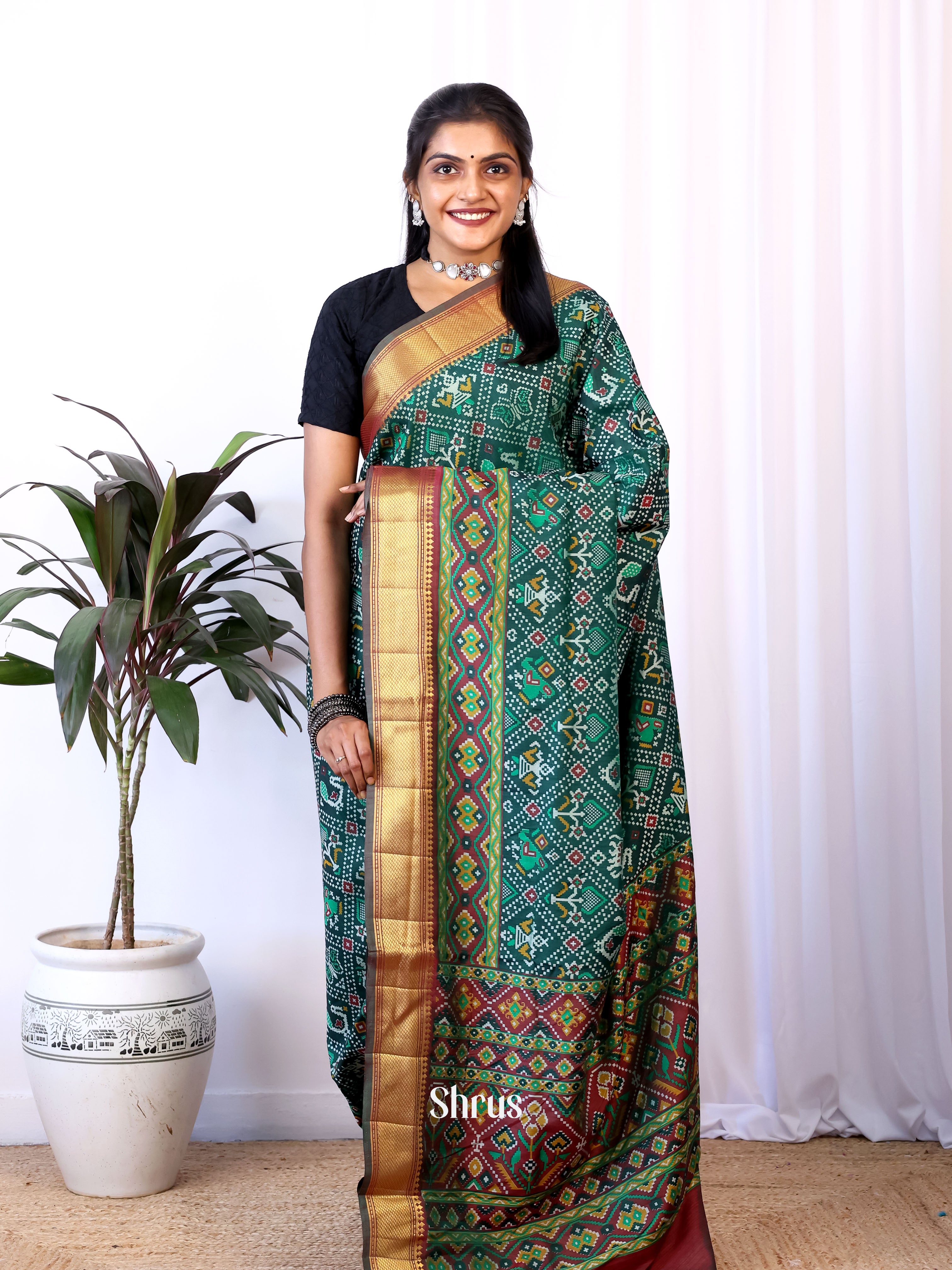 Green & Brown - Semi Patola Saree - Shop on Shrus.com