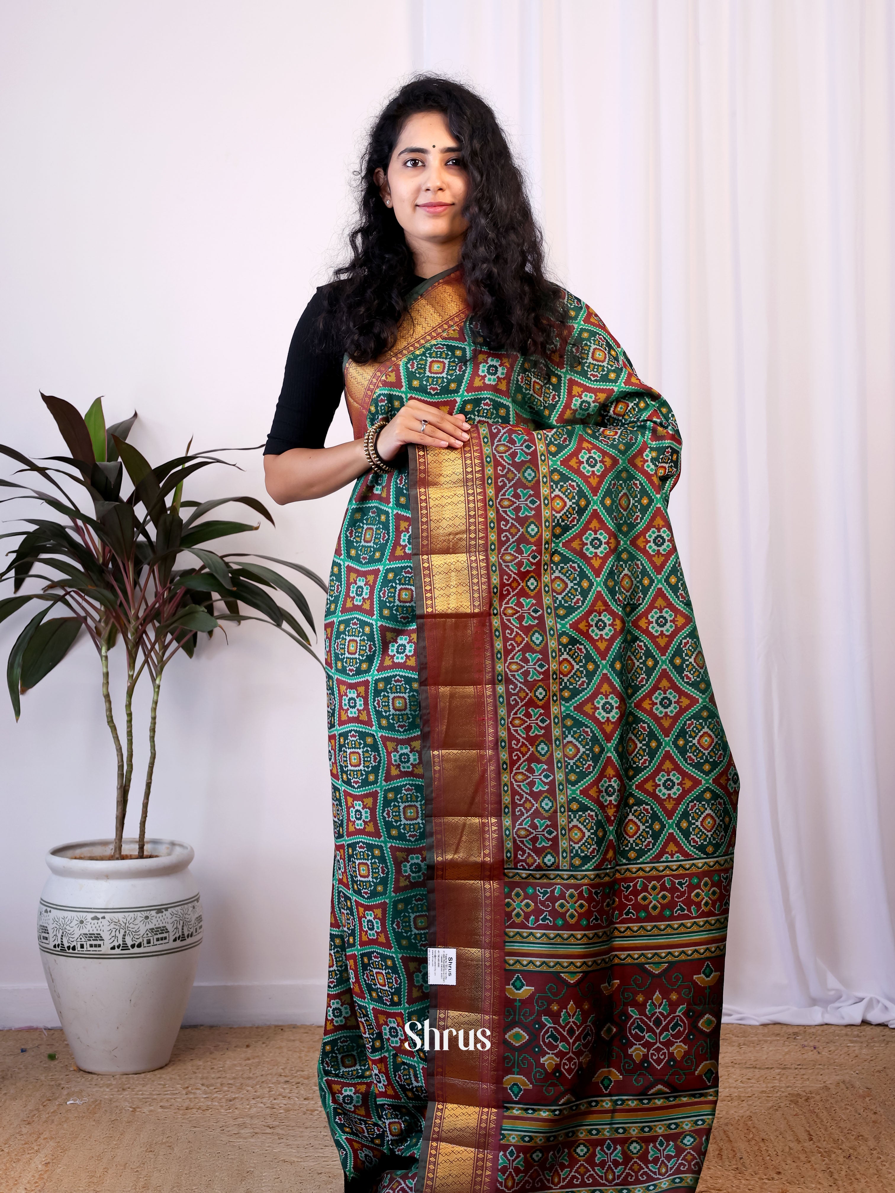 Green & Brown - Semi Patola Saree - Shop on Shrus.com