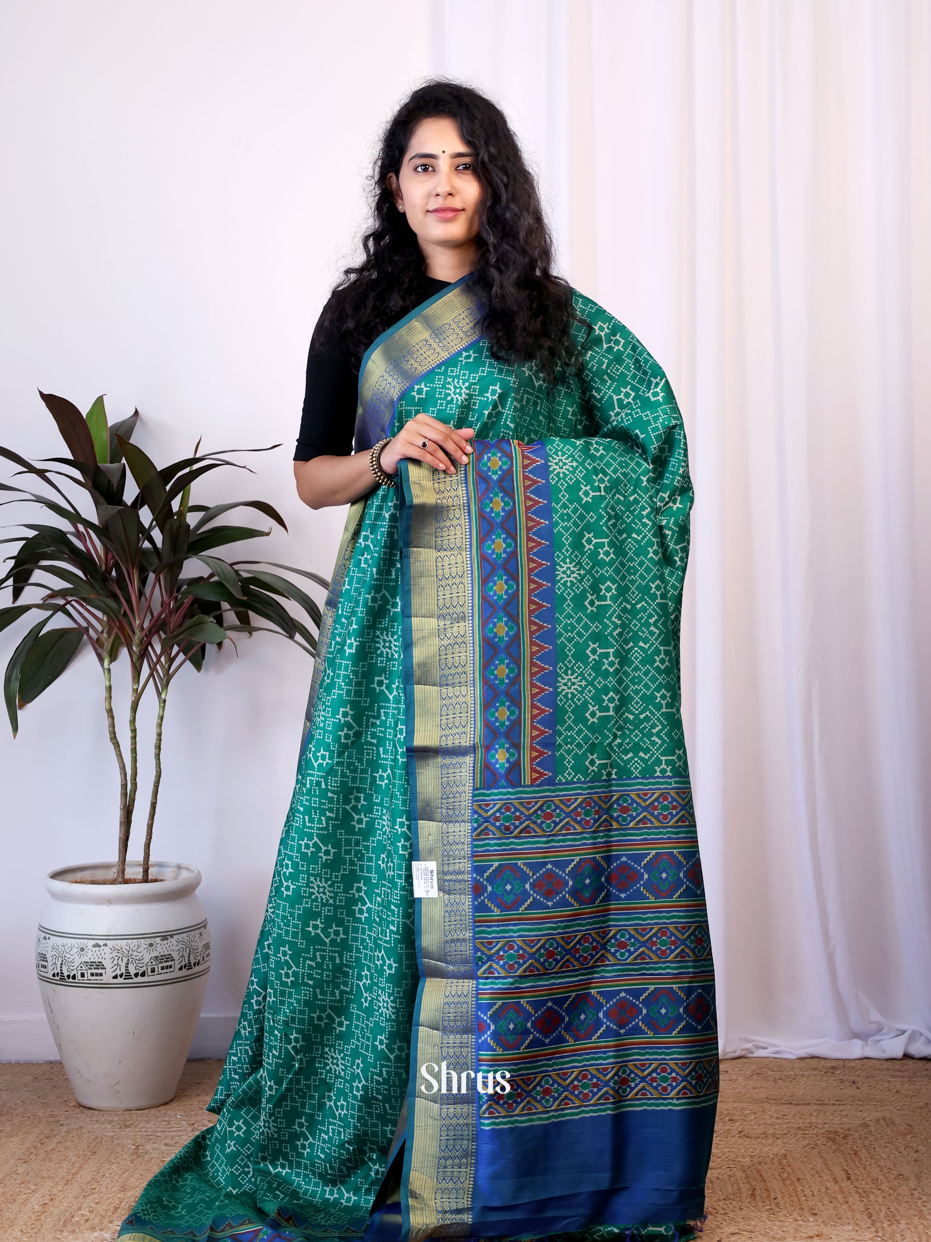 Green & Blue - Semi Patola Saree - Shop on Shrus.com