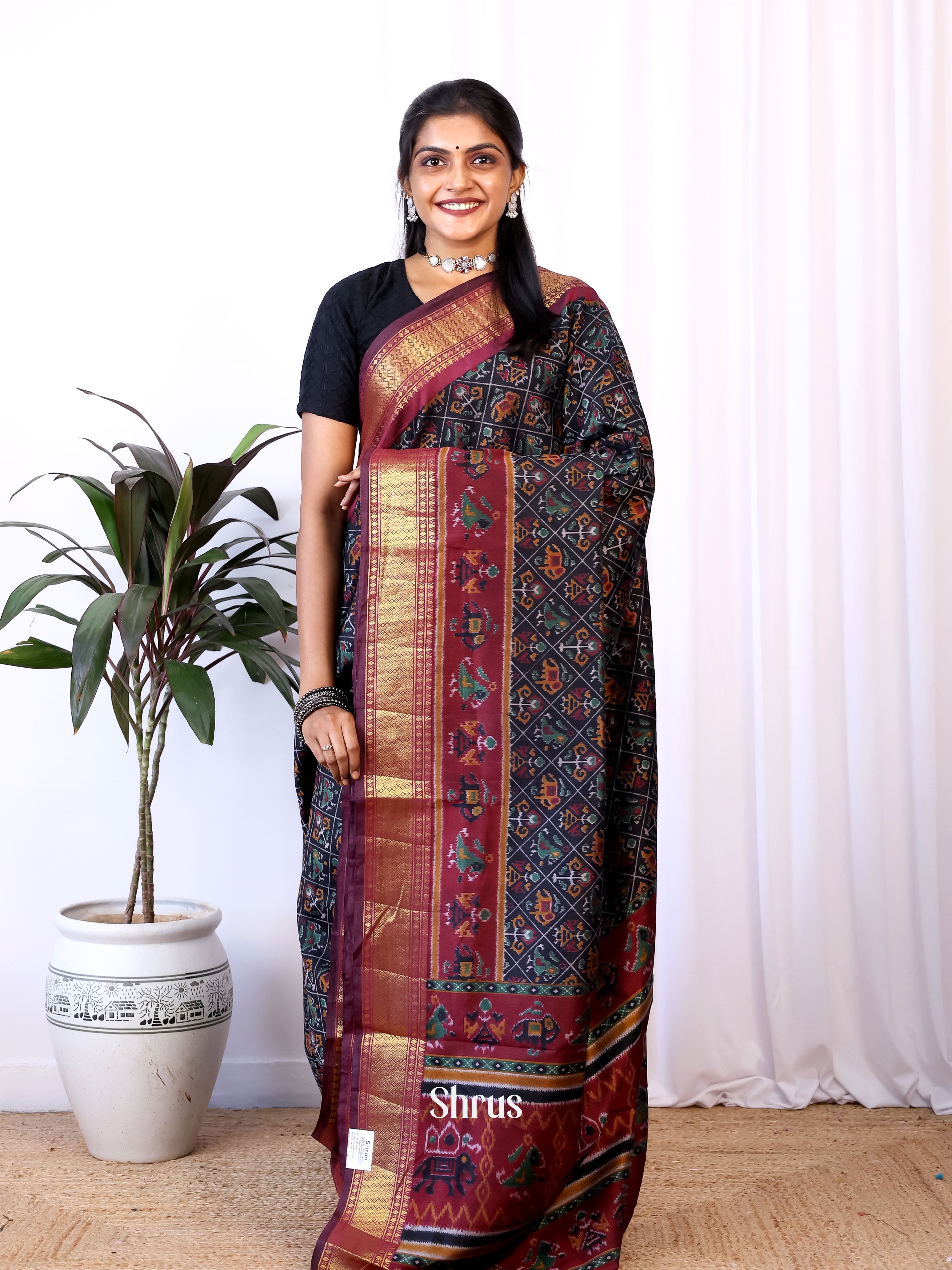 Black & Maroon - Semi Patola Saree - Shop on Shrus.com