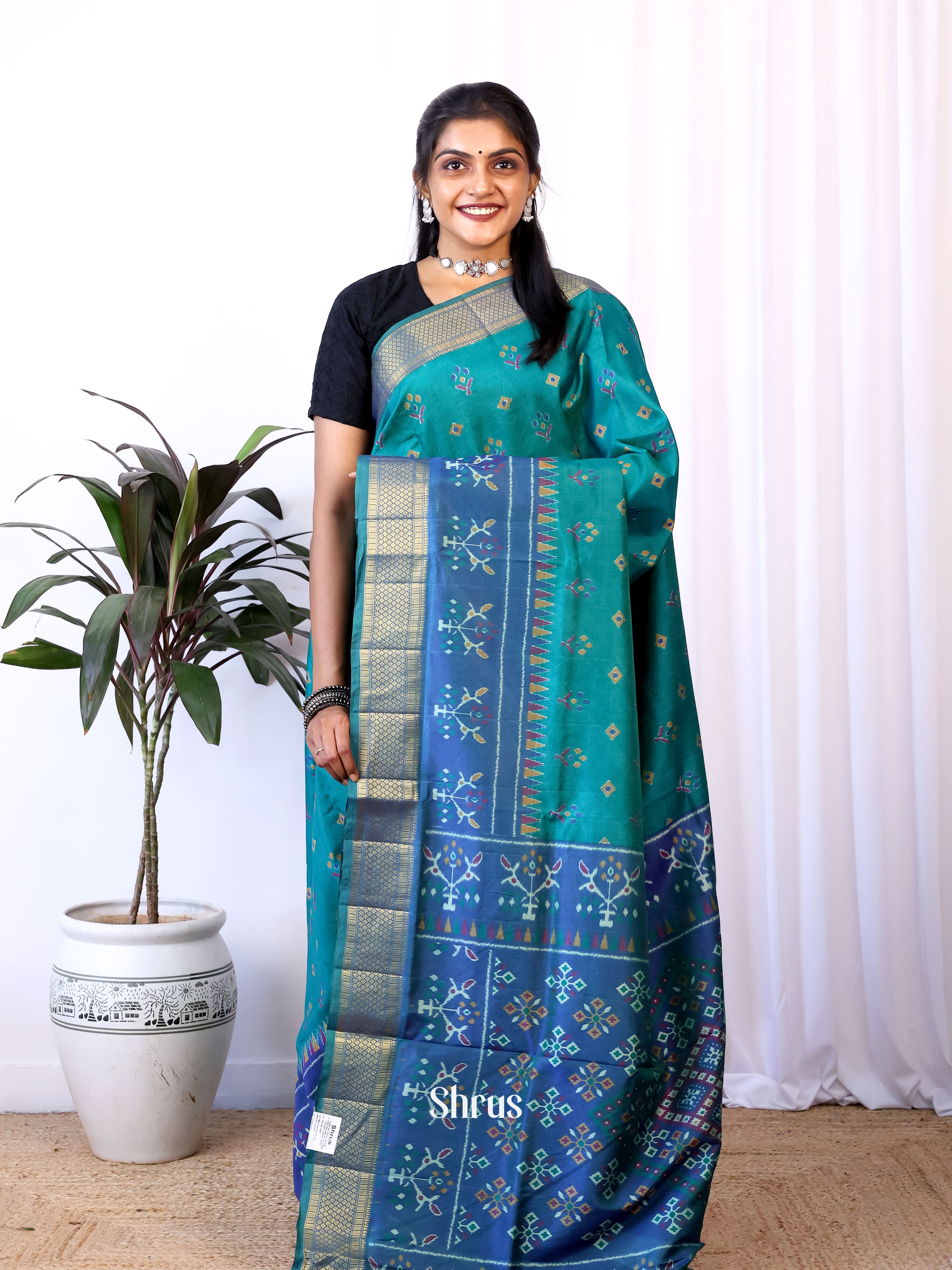 Green & Blue - Semi Patola Saree - Shop on Shrus.com