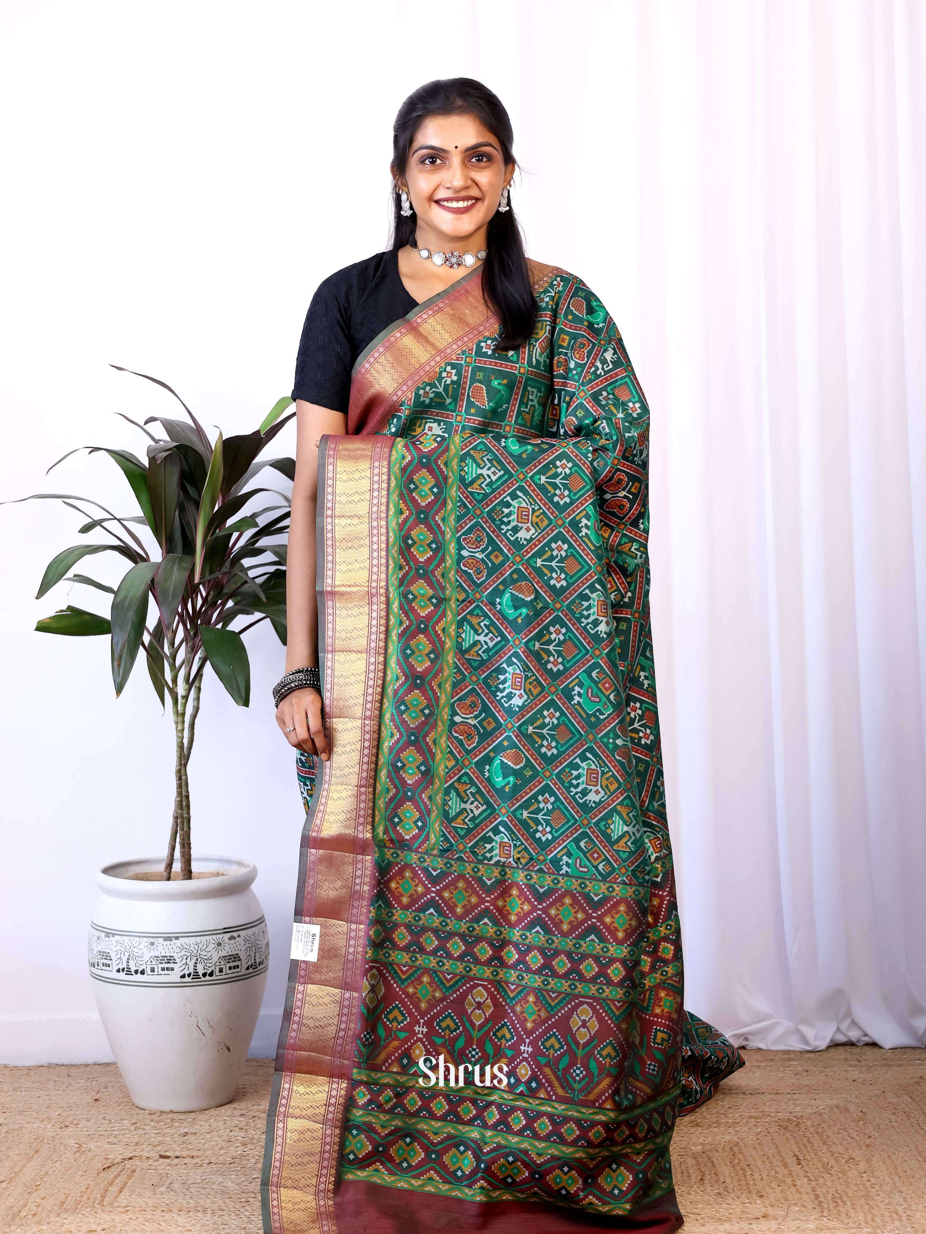 Green & Brown - Semi Patola Saree - Shop on Shrus.com