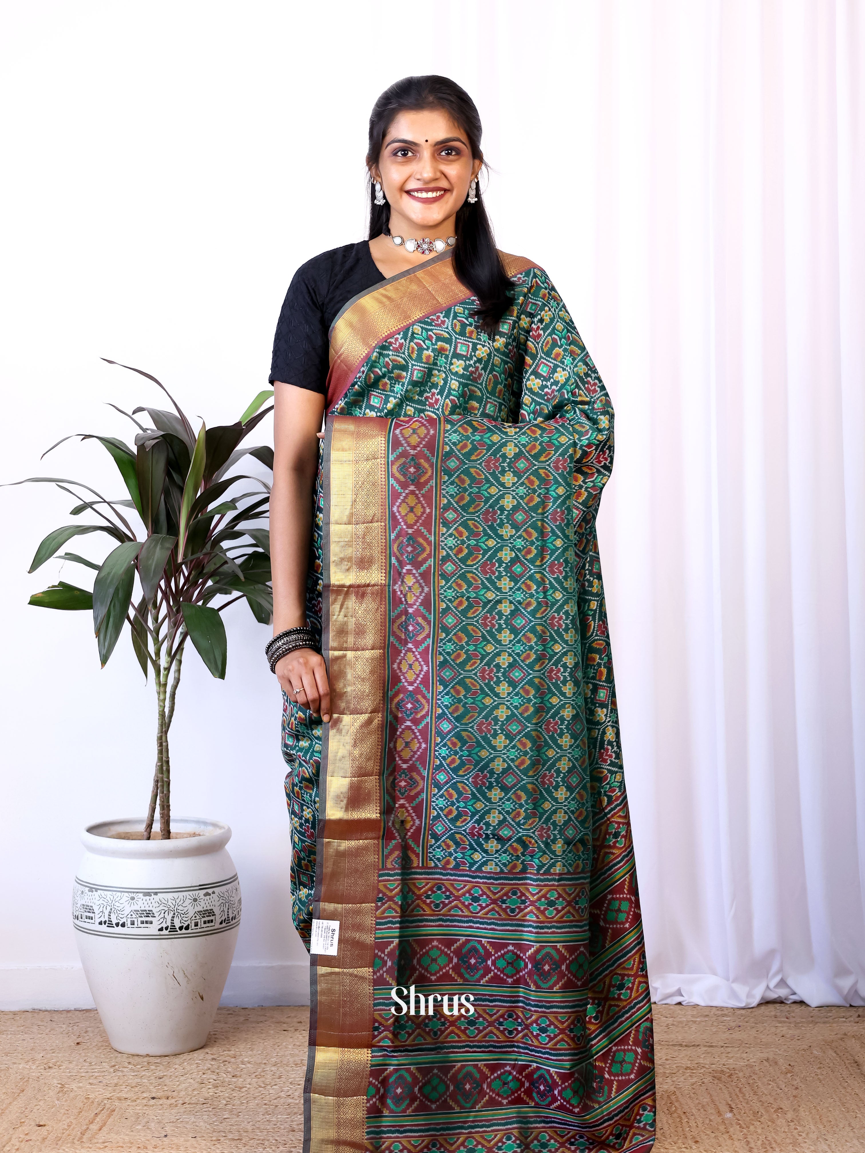 Green & Brown - Semi Patola Saree - Shop on Shrus.com