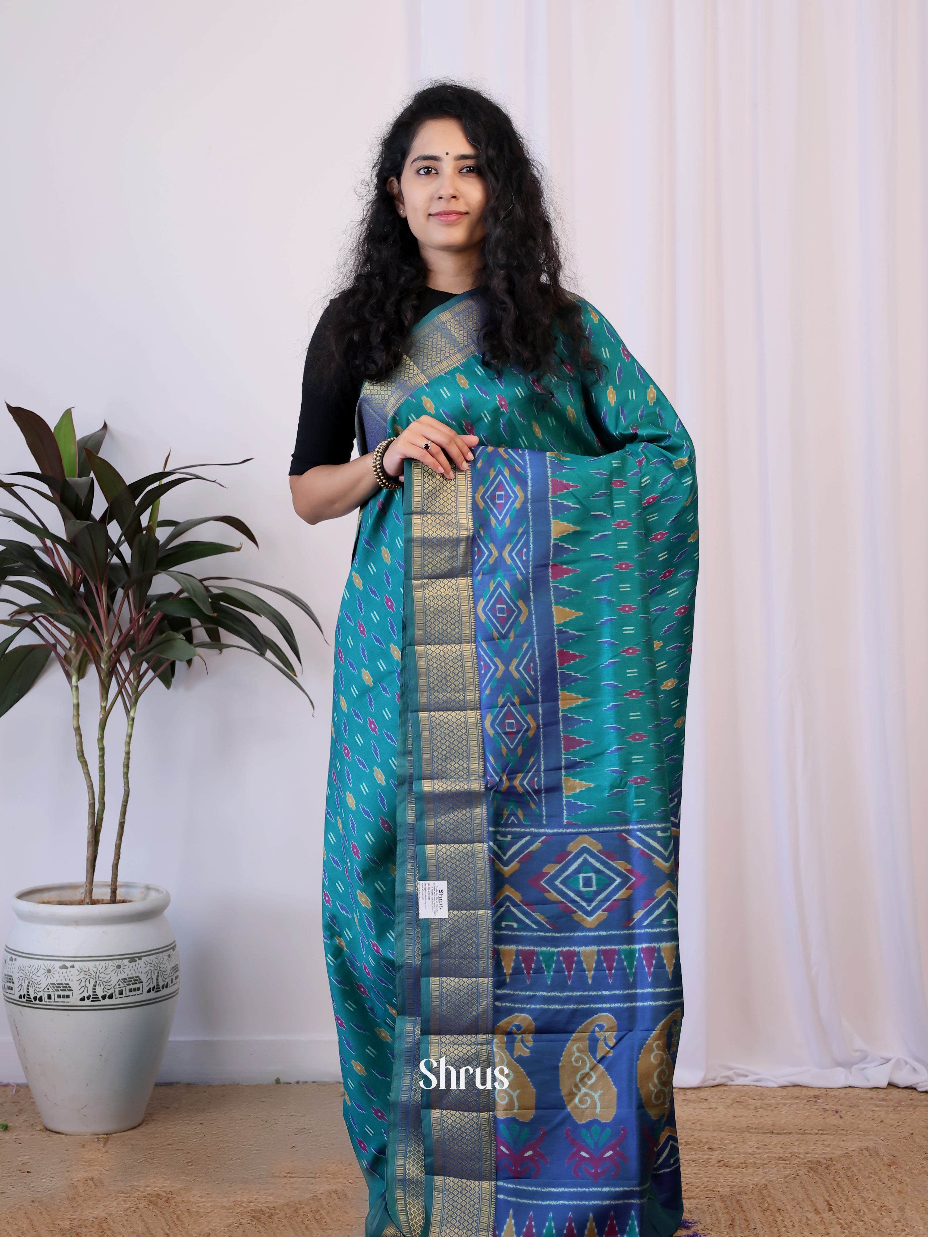 Teal & Blue - Semi Patola Saree - Shop on Shrus.com