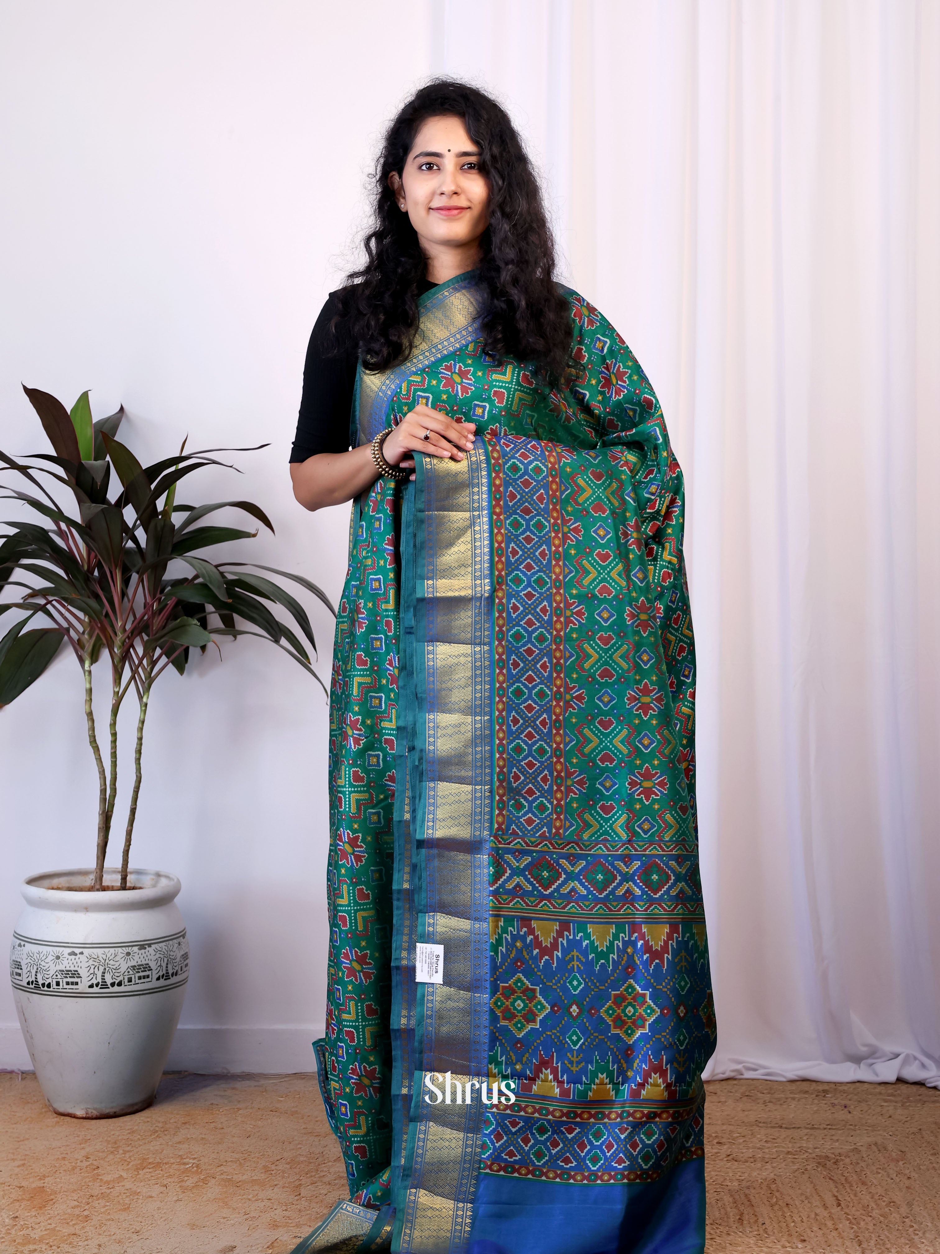 Green & Blue - Semi Patola Saree - Shop on Shrus.com