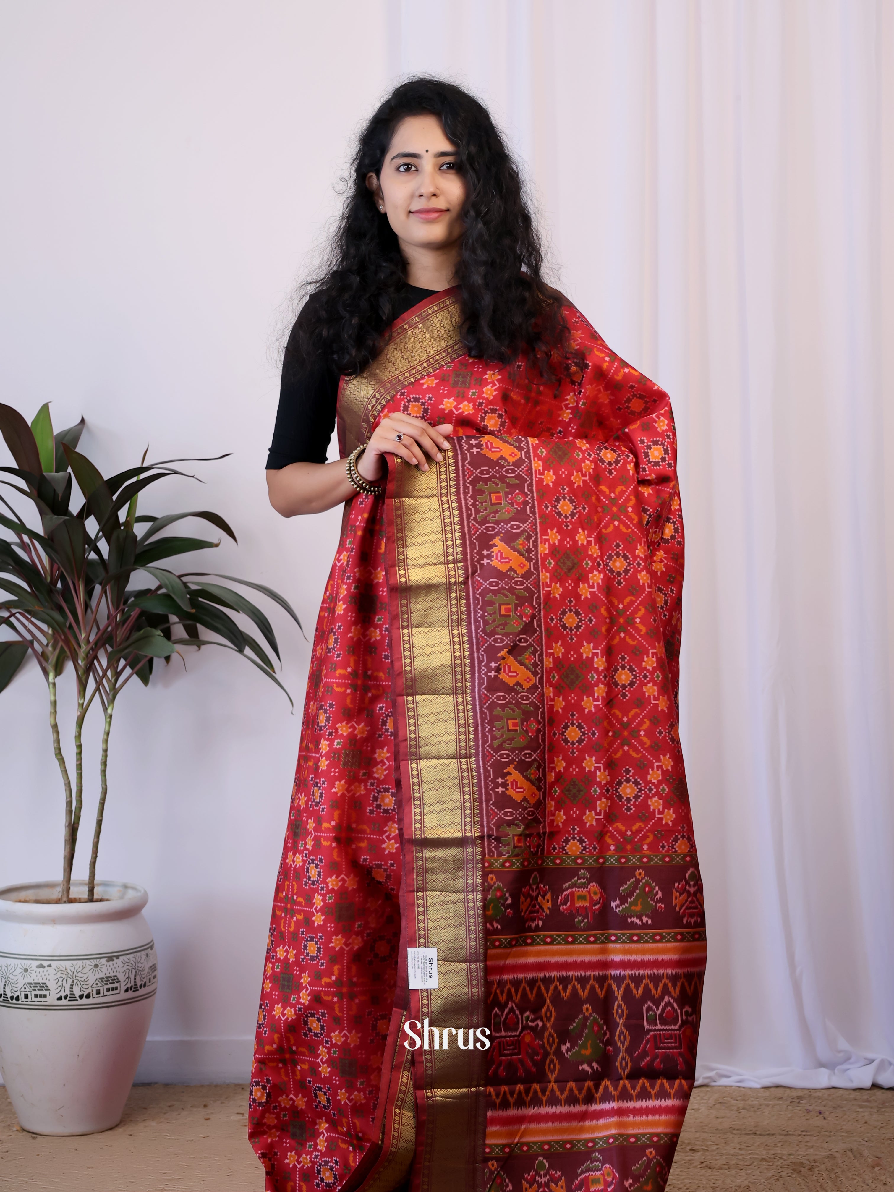 Red & Brown- Semi Patola Saree - Shop on Shrus.com