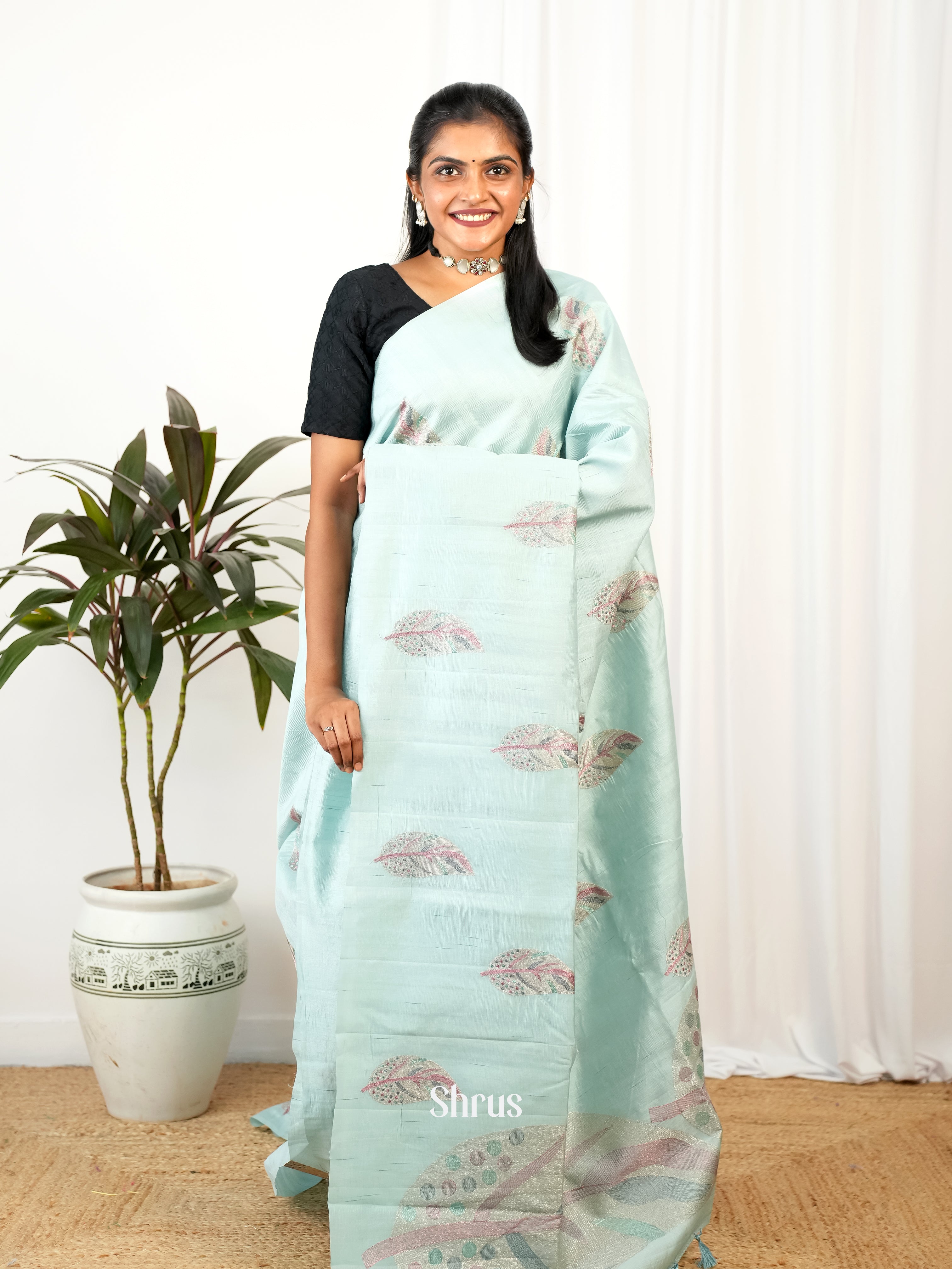 Lite Blue - Semi Rawsilk Saree - Shop on Shrus.com